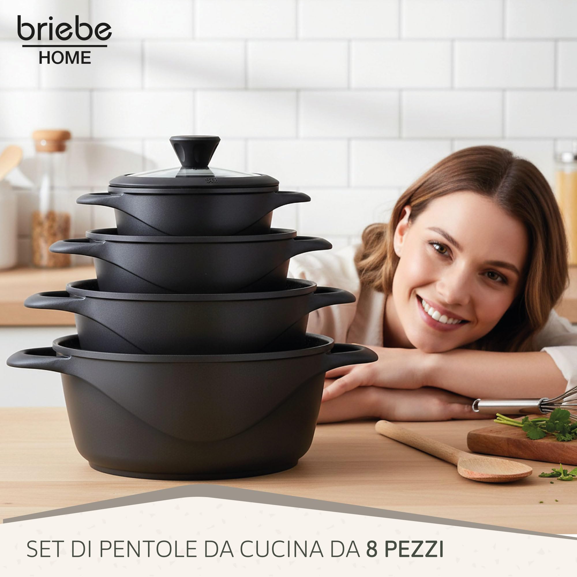 briebe Set Pentole Induzione Batteria 8 Pezzi, 4 Casseruola, Alluminio Pressofuso, Antiaderente ILAG GRANITEC senza PFOA, Coperchi in Vetro, Guanti in Silicone, Vetroceramica, Gas, Forno, MGK-12S