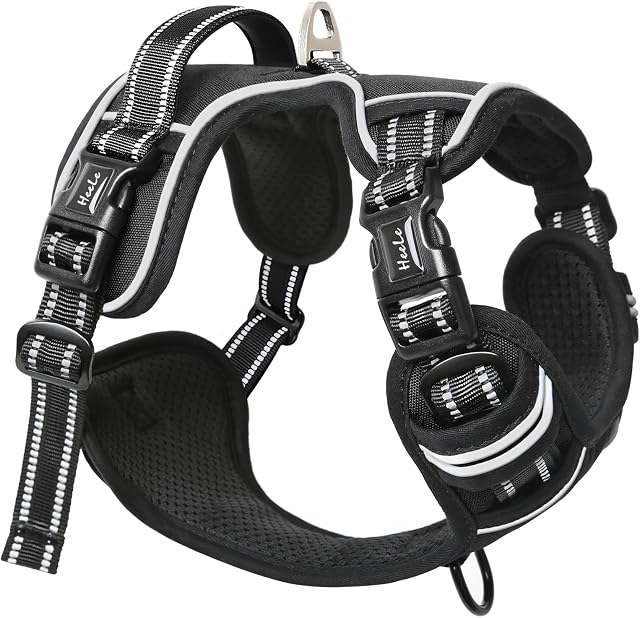 HEELE Dog Harness, No Pull Dog Harness Medium, Release on Neck, Reflective Adjustable Dog Harness with Front Back 2 Leash Attachments and Soft Padded Control Handle for Dogs Walking Training, Black, M
