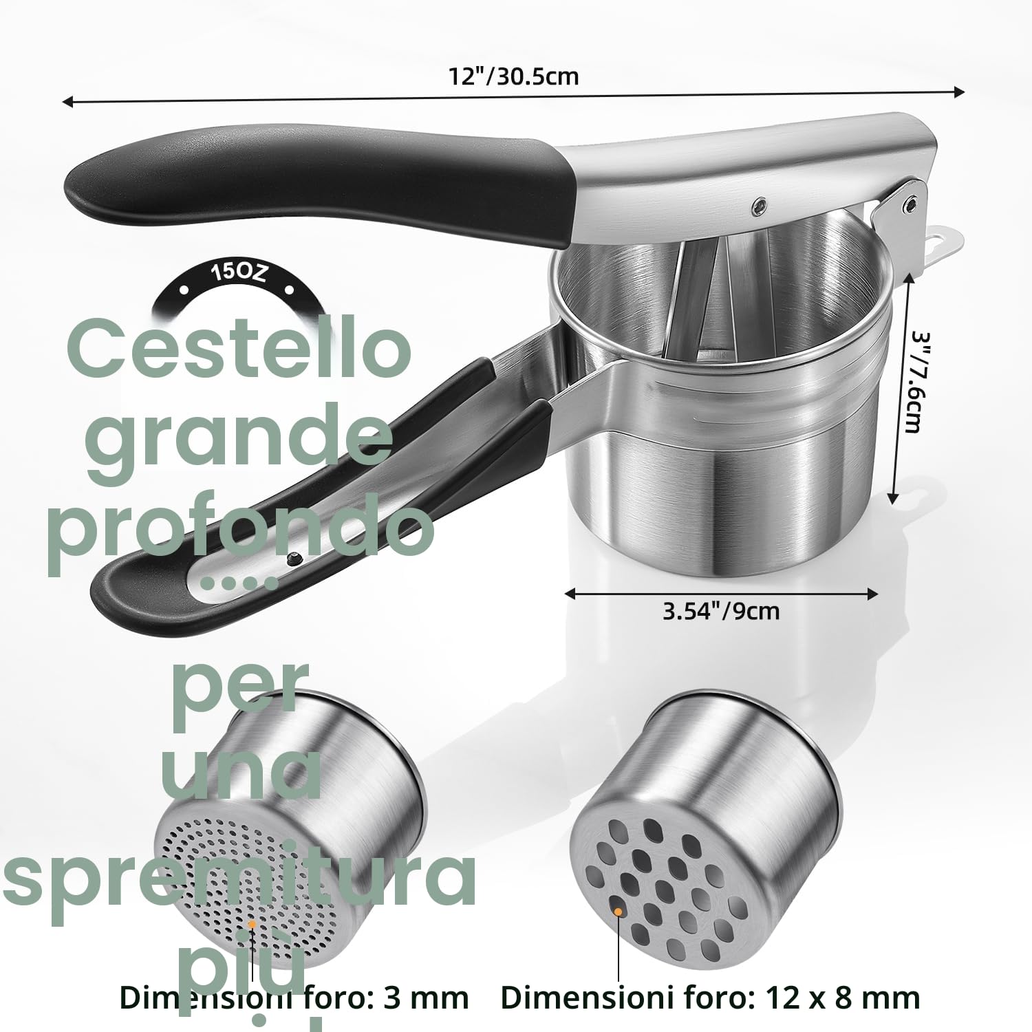Schiacciapatate, Sopito Schiacciapatate in Acciaio Inox con 2 Tazze Intercambiabili per Purè di Patate, Purè di Verdure, Succhi di Frutta e Ricette Alimentari, Lavabile in Lavastoviglie