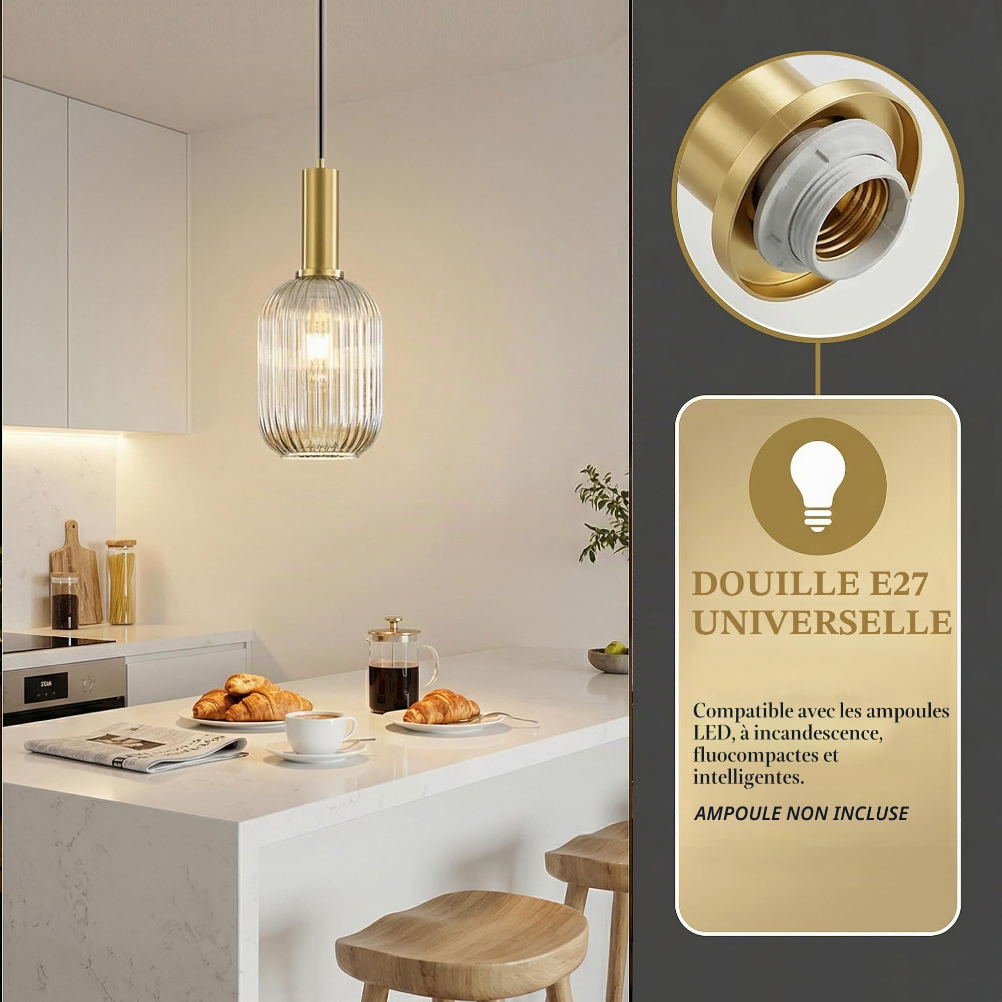 Suspension Luminaire en Verre,Finition en Laiton Doré, Vintage Lustre Suspendu Intérieur, Lampe Suspendue pour Salle à Manger Cuisine Salon Chambre & Cuisine (Ambré, 13CM)