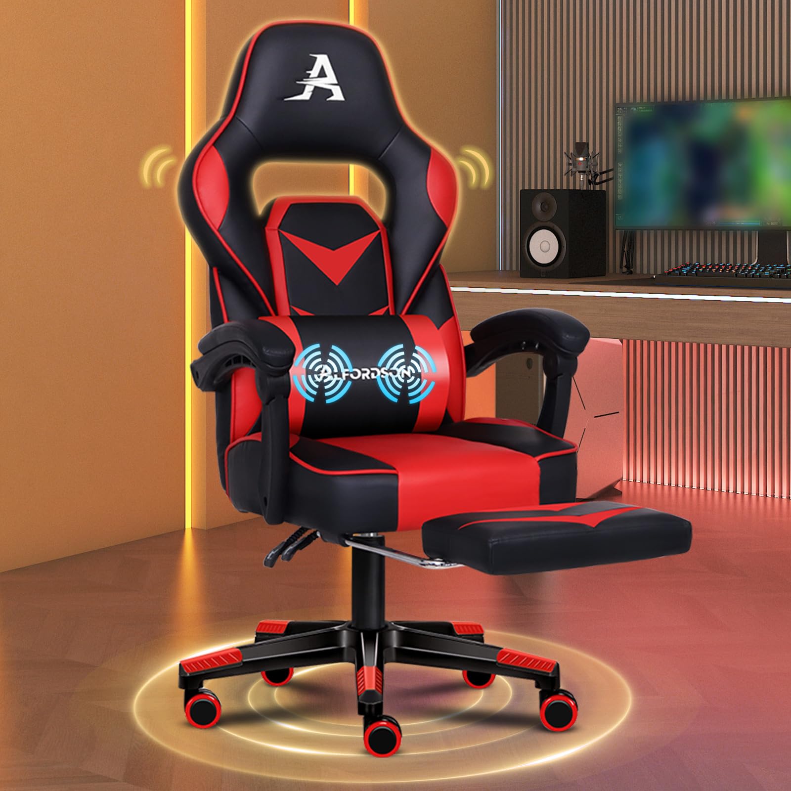 ALFORDSON Silla Gaming con Masajeador Silla Gamer de Juegos Silla de Carreras Silla de Oficina ejecutiva Deportiva Gordon con reposapiés Reposabrazos de Cuero PU Reposacabezas, Gorden, Rojo