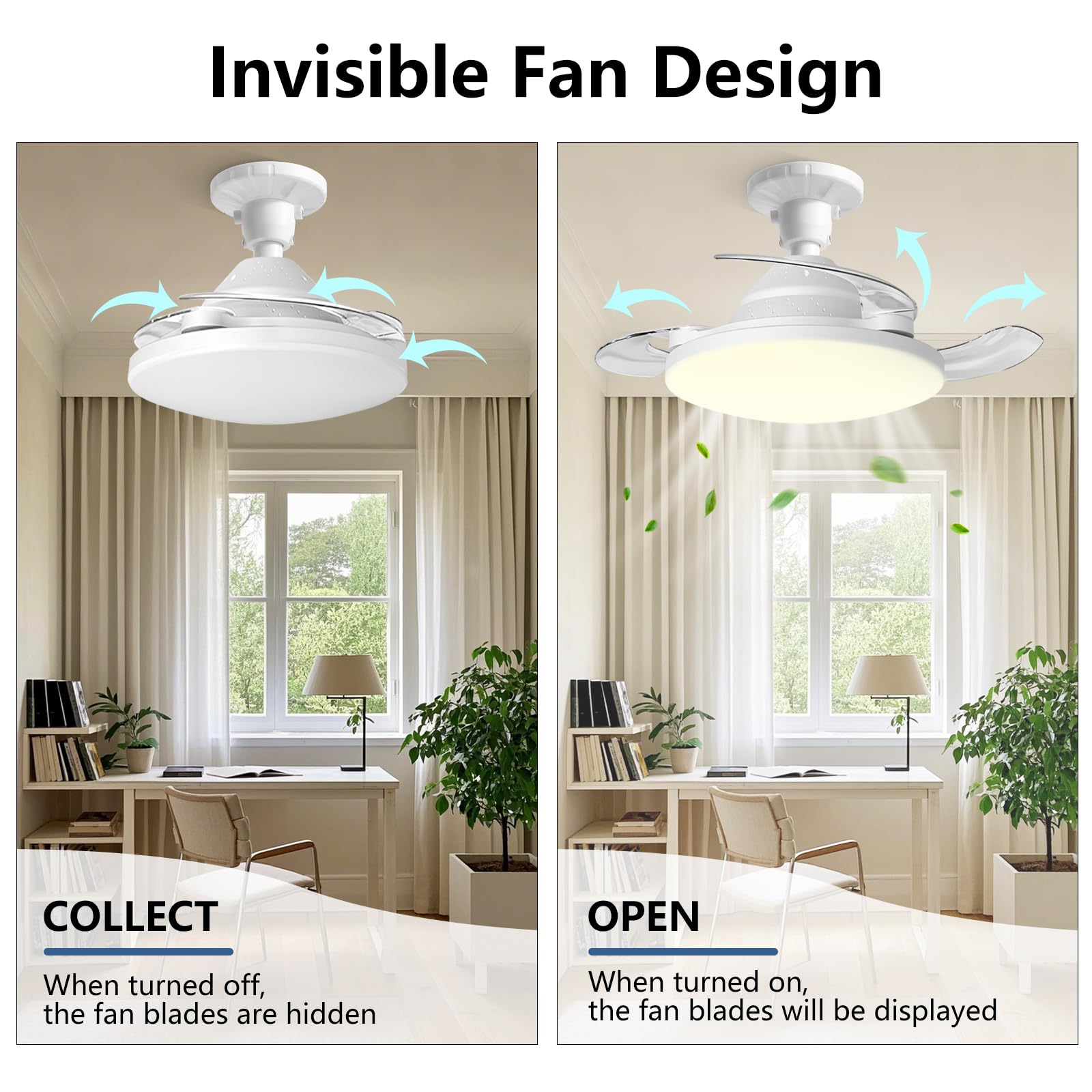 YISUN Ventilatore da Soffitto con Luce LED, 57CM Ventilatore da Soffitto con Invisibile Pale Retrattili, E27 Silenzioso Lampadario con Telecomando,Tempistica, 3 Tonalità Dimmerabile & 3 Velocità