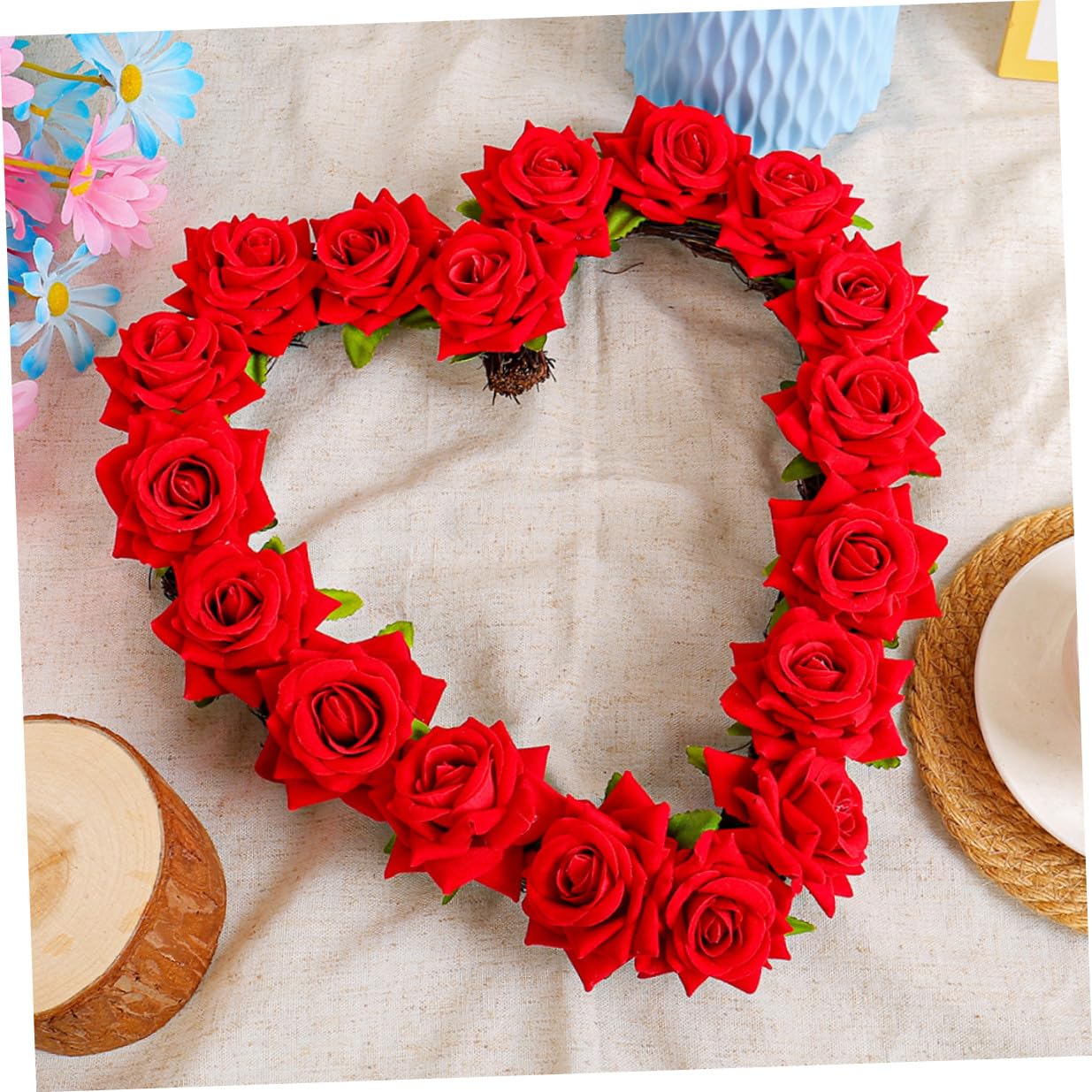 Homoyoyo Ghirlanda Floreale Artificiale a Forma di Cuore Finta per Decorazione Porta D’ingresso Festa Anniversario Matrimonio Rosso