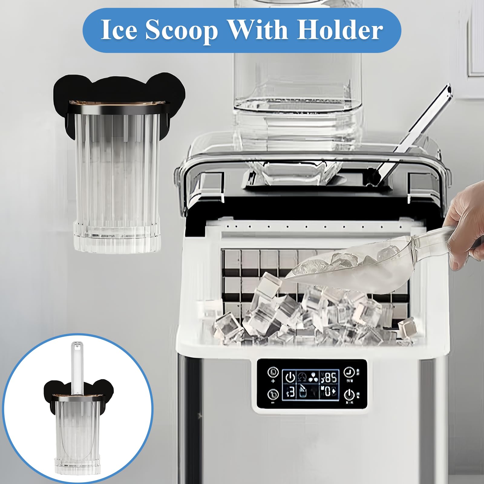 Ice Scoop with Holder, Plastic Scoop for Freezer Kitchen Countertop Ice Maker, Removable Design with Traceless Self-Adhesive Sticker and Bear Buckle, Multipurpose for Pet Food, Flour, Grains