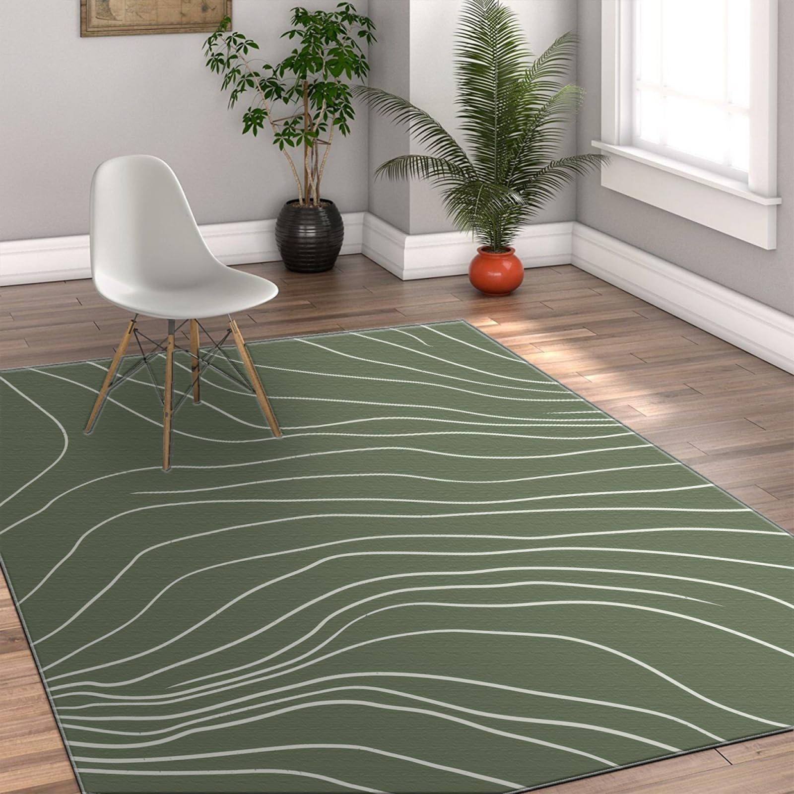 Tapis de Style Moderne Tapis de Lignes Blanches Tapis Vert Sauge Tapis de Cuisine Tapis de Chambre Lavable antidérapant Paillassons intérieurs pour l’entrée de la Maison 60x180cm