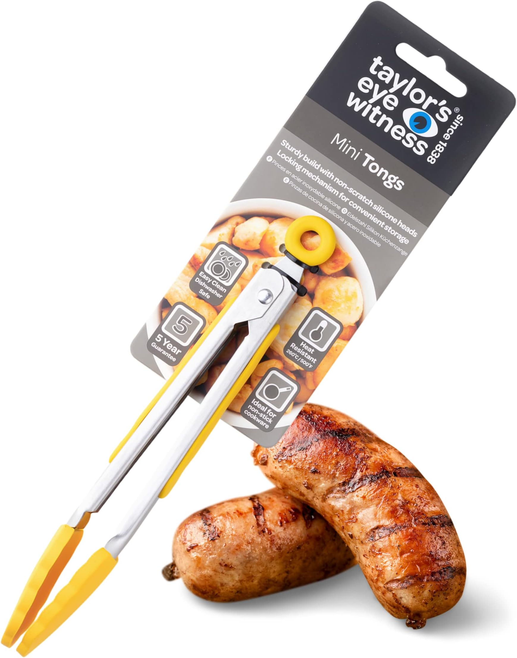 Taylors Eye Witness Small Steel Yellow Silicone Tongs - Dishwasher Safe. Sturdy Build, Non-Scratch Heads And Convenient Locking Mechanism. Odour, Stain & Heat Resistant (260°C/500°F). 5 Year Guarantee