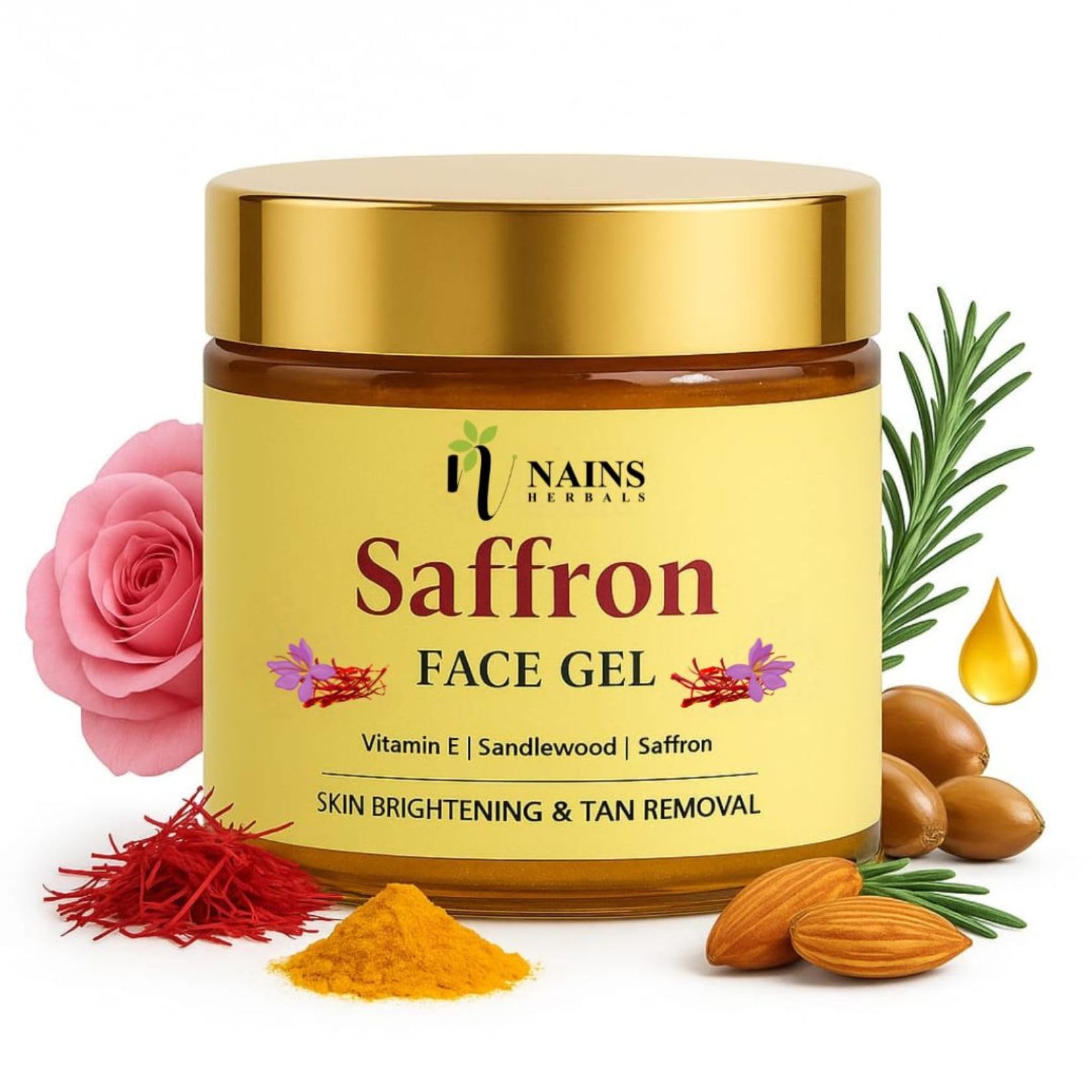 Nains Herbals Saffron Face Gel with Alpha arbutin, niacinamide, hyaluronic acid | Sandalwood, Turmeric & Rose| Skin Brightening, Reduce Pigmentation, Tan removal | Natural & Herbal | Men & Women |100g