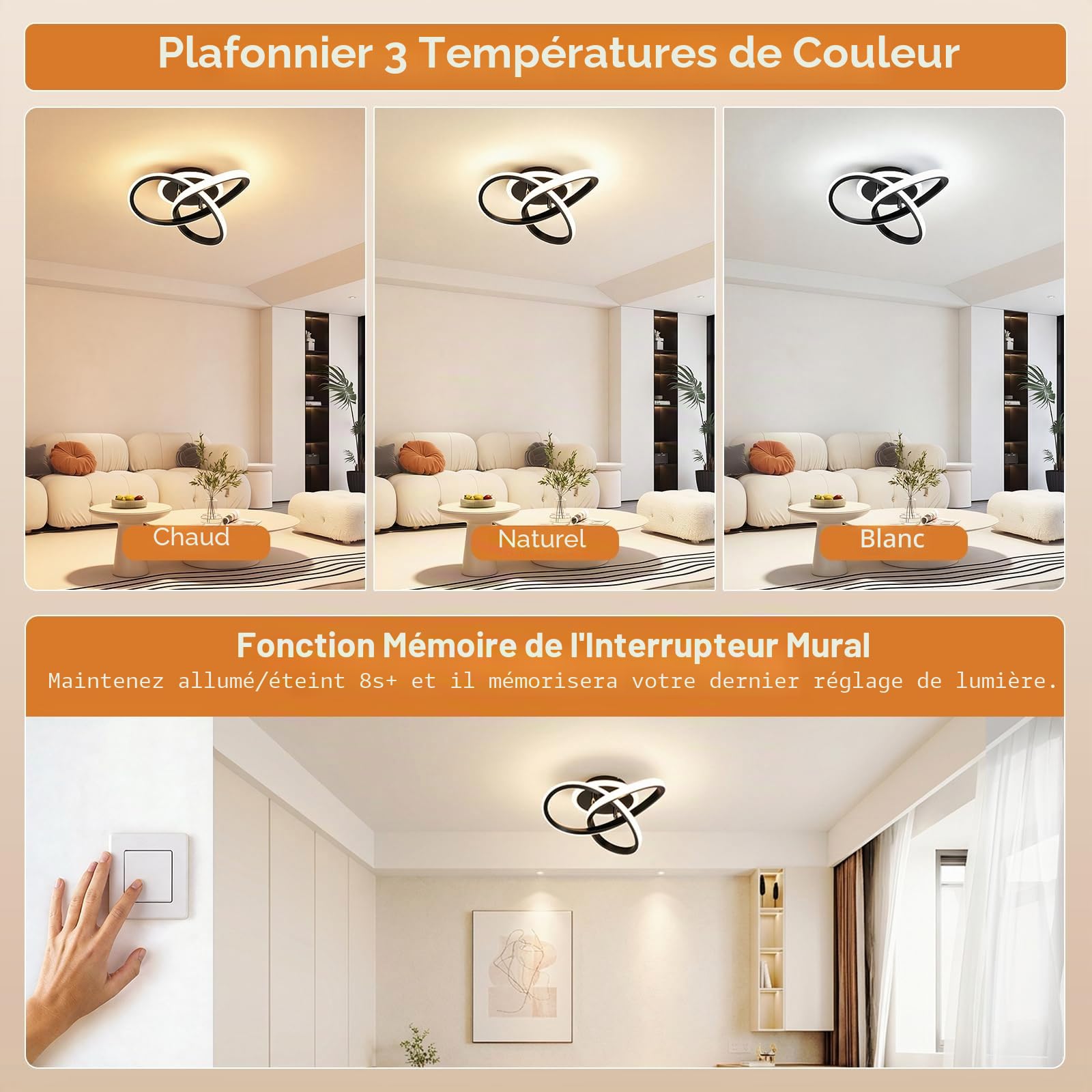 Plafonnier LED Moderne 21W, 3000K/4500K/6500K Lampe Plafond 2100lm CRI≥80, Luminaire Plafonnier pour Salon, Chambre, Bureau, Cuisine et Couloir avec Fonction Mémoire Noir