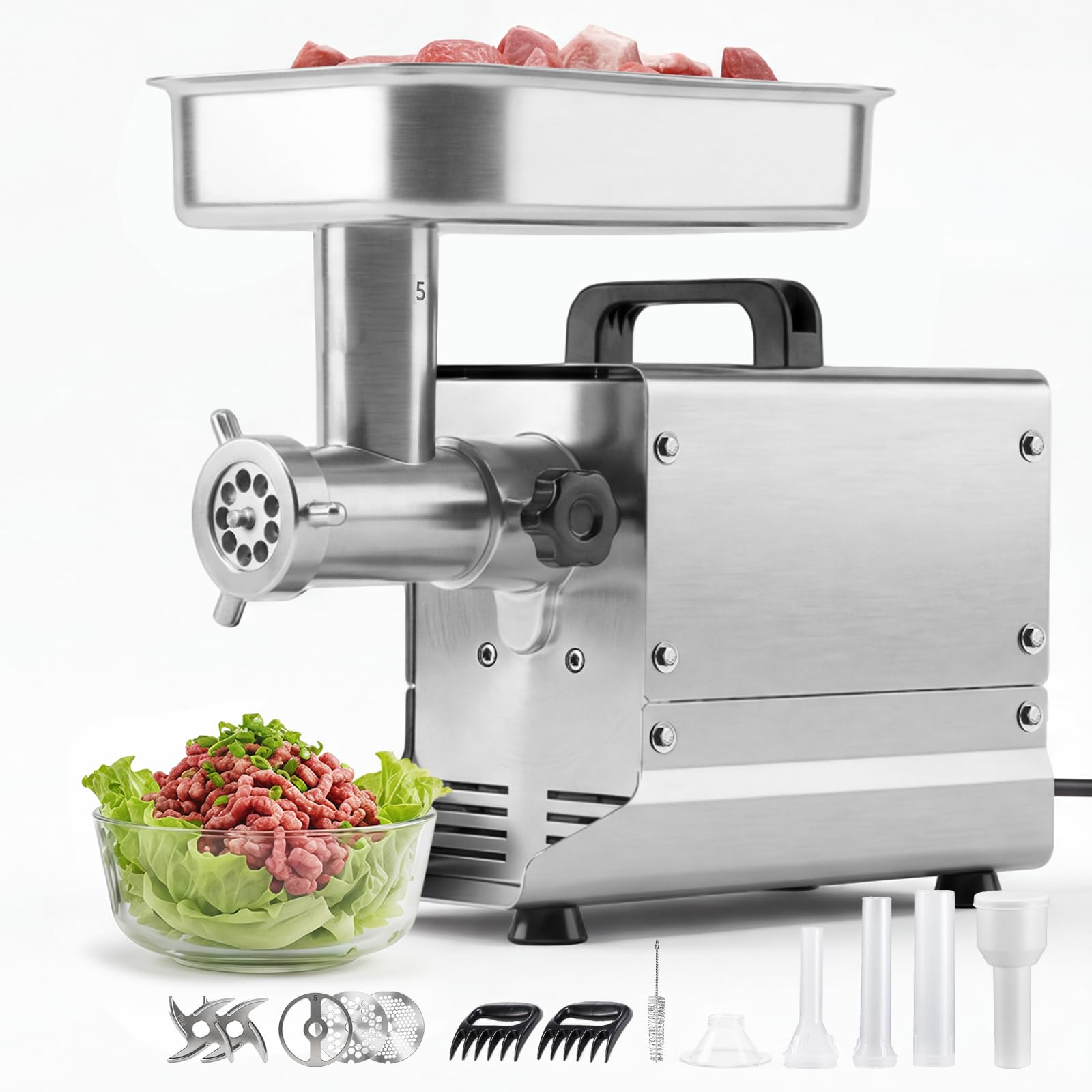 VEVOR Commercial Meat Grinder, 5 Lbs/Min Capacity, #5 Electric Meat Mincer with 3 Plates, 3 Sausage Stuffing Tubes, 350W/0.5HP Stainless Steel Sausage Maker for Home Kitchens & Restaurants, ETL Listed #5-5 Lbs/Min