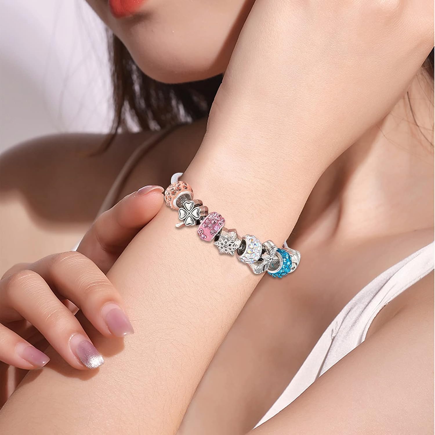 NBEADS 240 Pcs Rhinestone European Beads, 24 Colors Polymer Clay Rondelle Charm Beads Crystal Pave Disco Large Hole Spacer Beads with Brass Cores for Jewelry Making