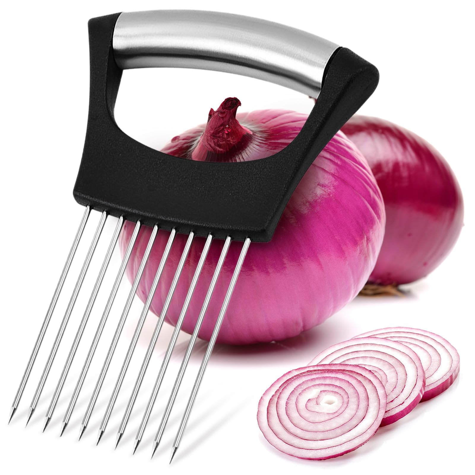 Zemcxney Supporto Per Cipolle In Acciaio Inox - Affettatrice Per Patate, Pomodori, Avocado E Carne Con 10 Forchette Antiscivolo
