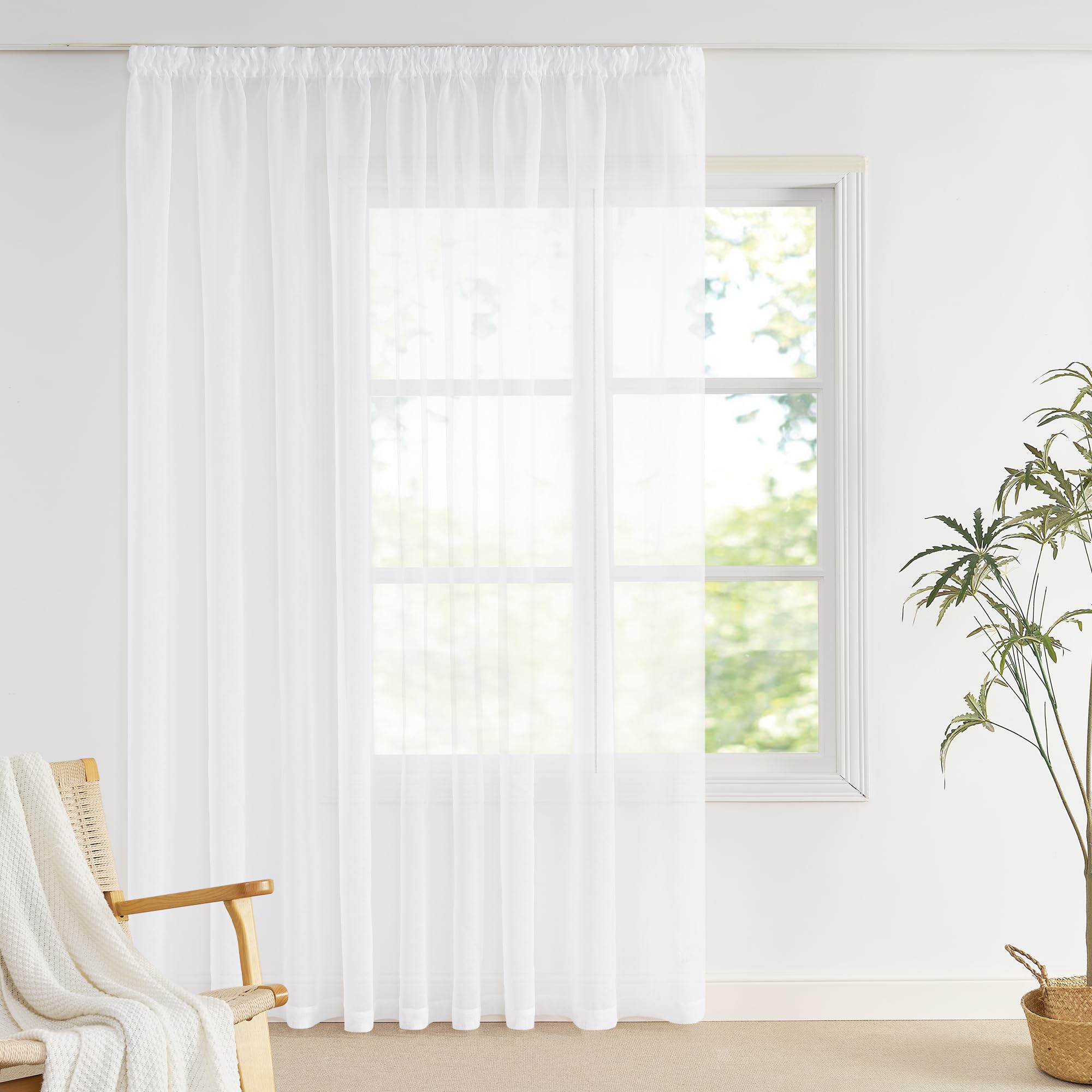 NICETOWN Curtain White Transparent with Eyelets Short Voile Curtains White H 145 x W 140 cm Linen Look Curtain Eyelet Curtain Set of 2 Airy and Translucent Sheer Curtains