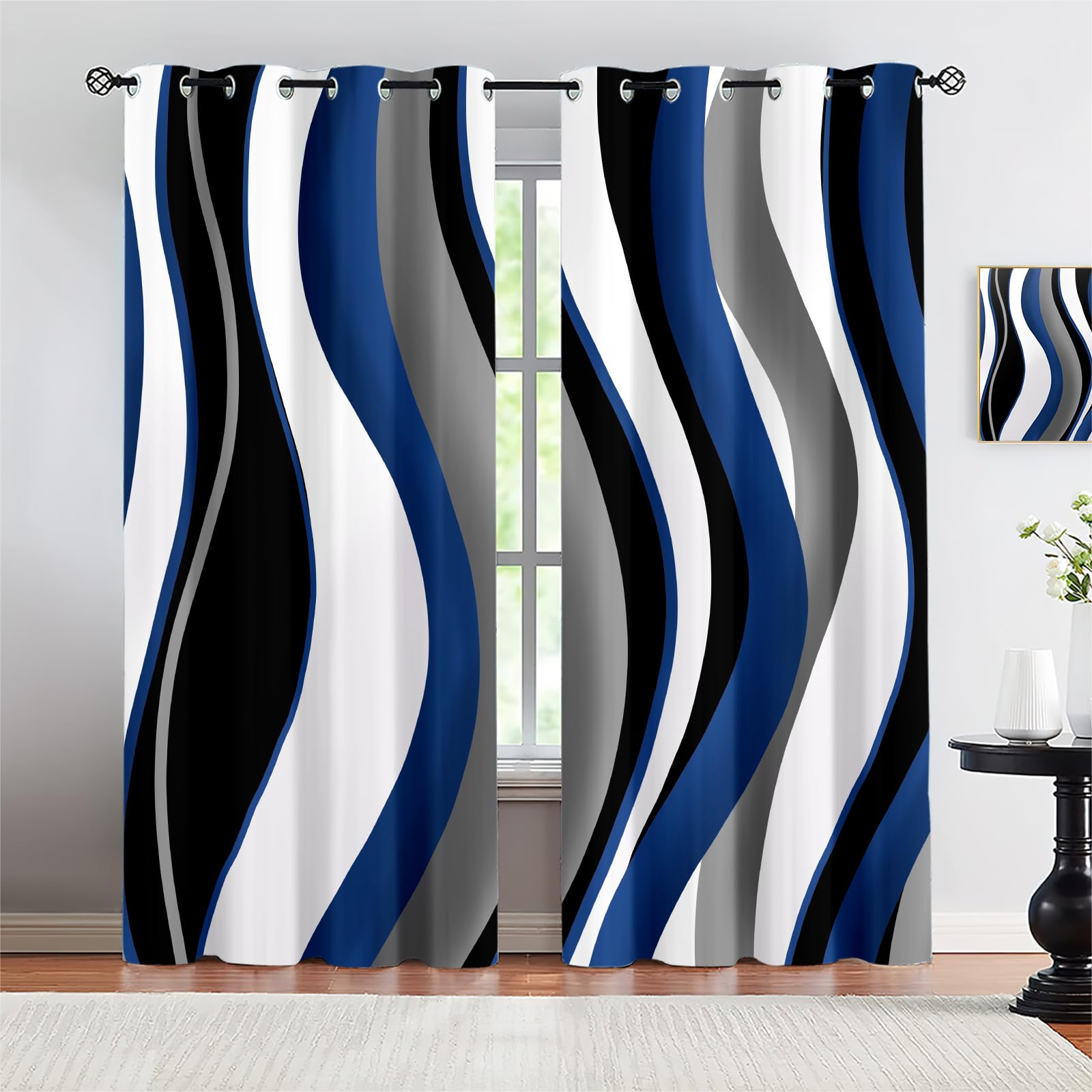 Abstract Wave Living Room Blackout Curtains, Black Grey Blue White Stripe Print Thermal Insulation Curtains, Grommet Privacy Bedroom Curtains for