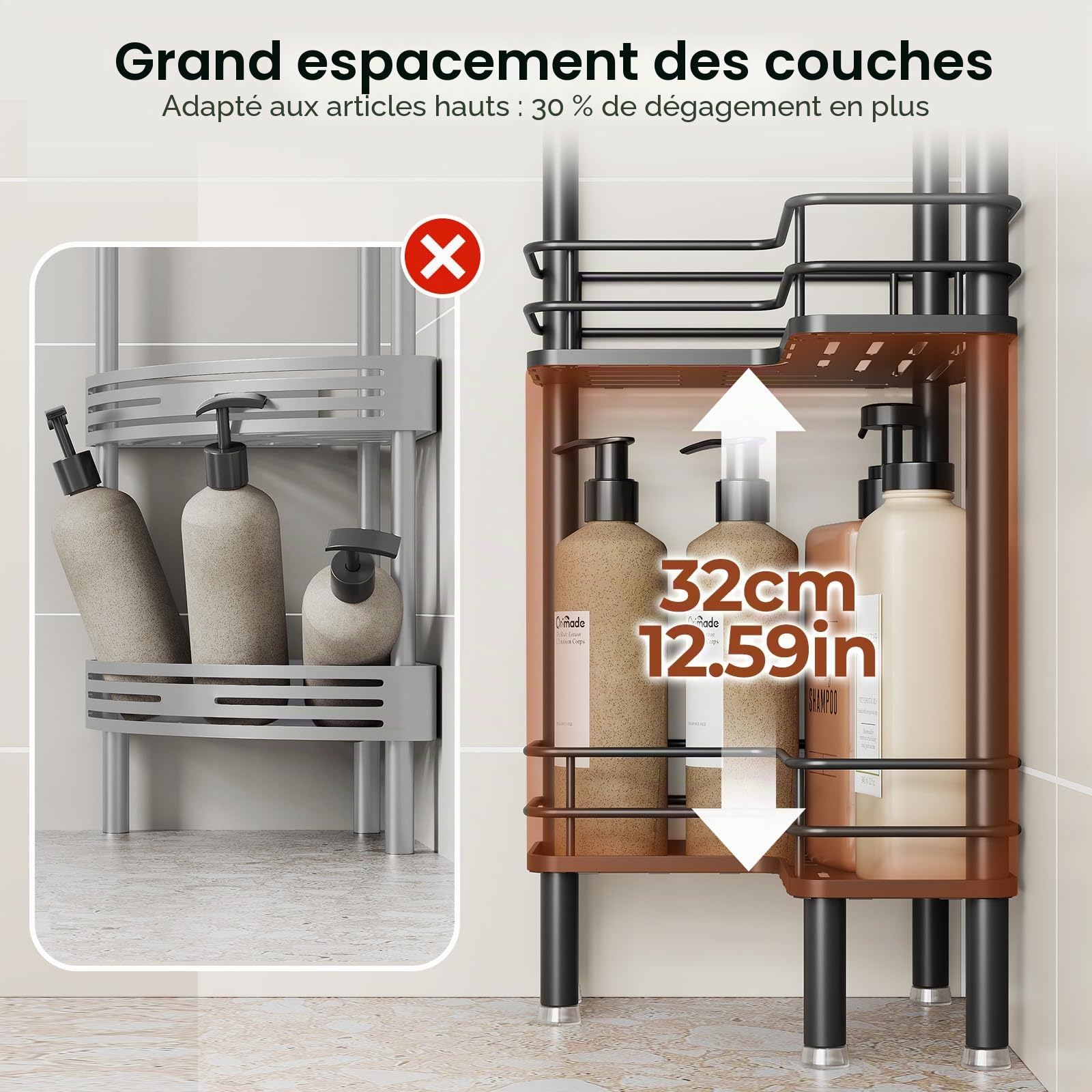 Orimade Lot de 3 étagères de Douche Debout - sans perçage - pour Salle de Bain - Noir