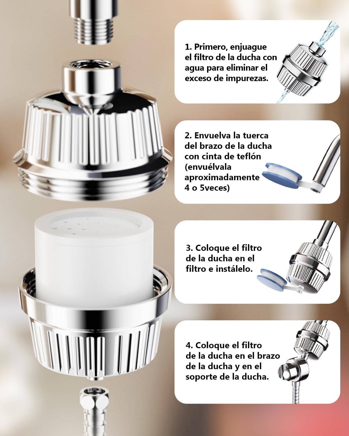 Cobbe Filtro de Ducha de 34 Etapas con Vitamina C para Agua Dura, Filtro Antical con 2 Cartuchos que Elimina Cloro y Metales Pesados, Cromado