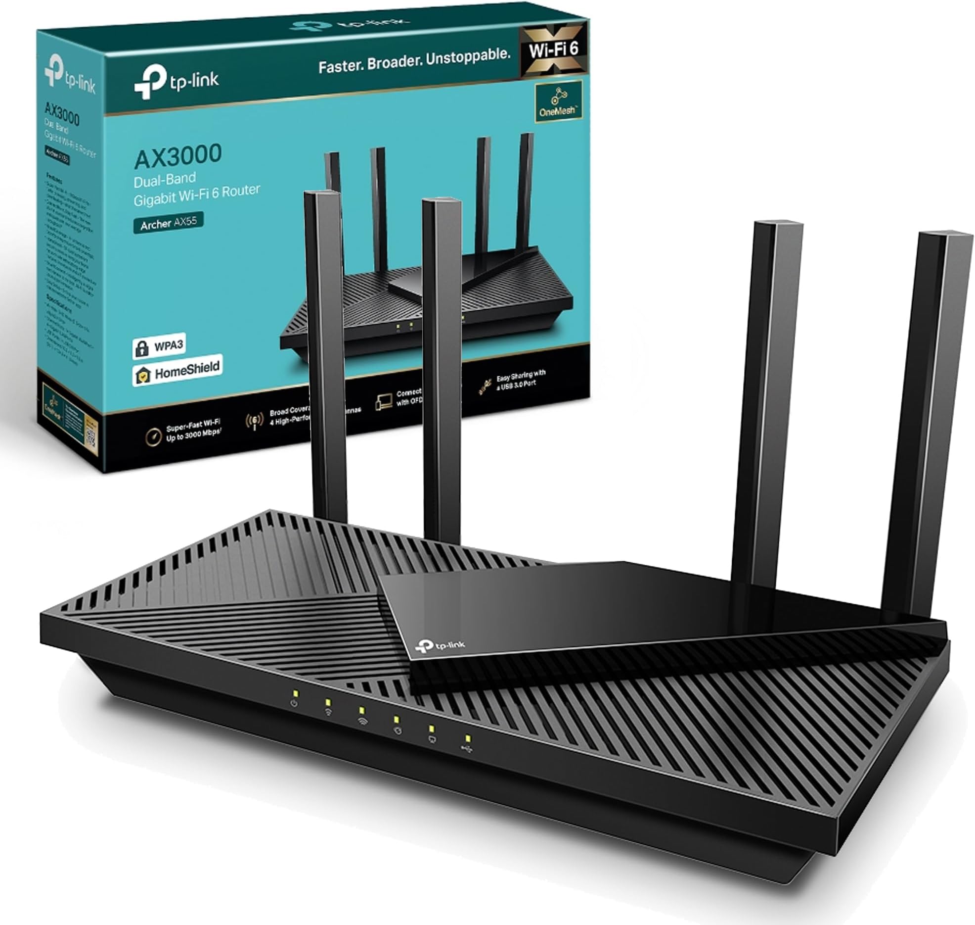 Next-Gen Wi-Fi 6 AX3000 Mbps Gigabit Dual Band Wireless Router, OneMesh™ Supported, 1× USB 3.0 Port, Ideal for Gaming Xbox/PS4/Steam and 8K, Compatible with Alexa (Archer AX55)