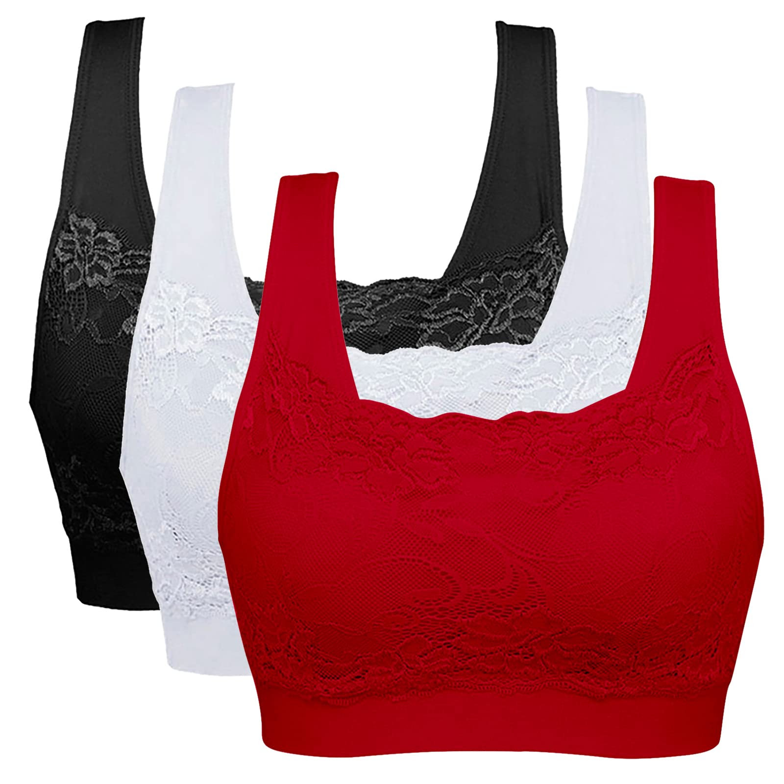 Vertvie Womens Strech Ohne Buegel Push up Yoga Sports BH Bra Top Set Fuer Fitnesstraining Polsterung 3er Pack (EU XL/Tag XXL, Schwarz+Weiß+Rot)