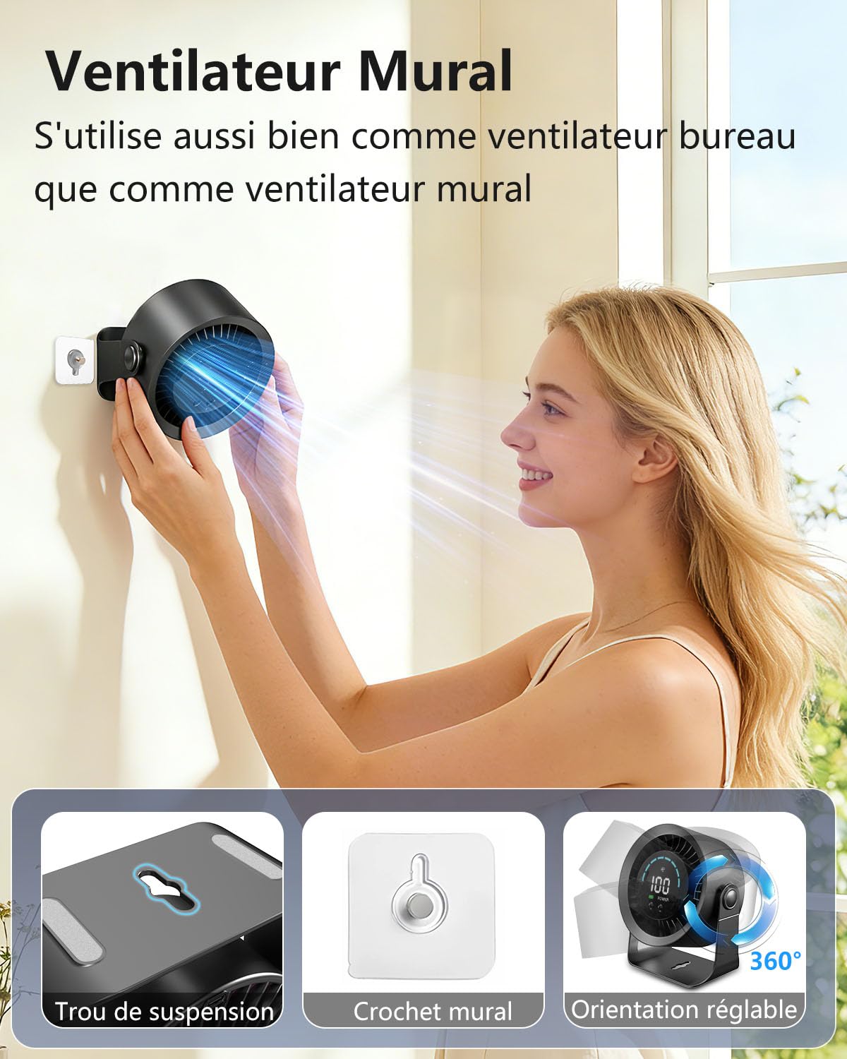 DDKJ Ventilateur Bureau Silencieux 20dB,100 Vitesses Réglables,360° Rotation du Flux d'Air, Affichage LED,Batterie 4000mAh Autonomie 3.5-13 Heures avec Fonctionne Branché pour Chambre Dortoir Cuisine