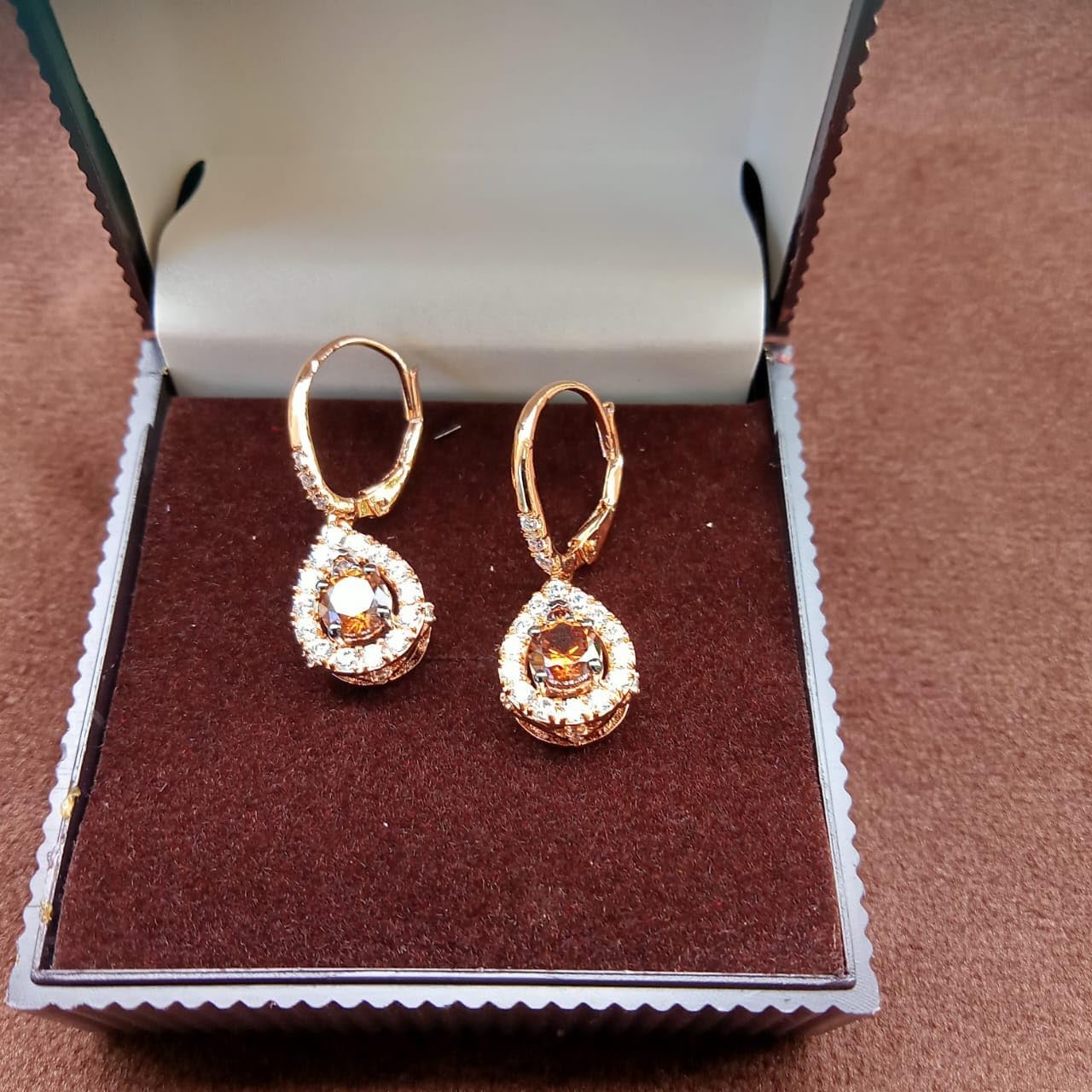 5 CT Round Shape Brown Diamond and White Diamond Halo Wedding Engagement Drop Dangle Earrings In 14K Rose Gold Plated 925 Sterling Silver Gitf for Womens