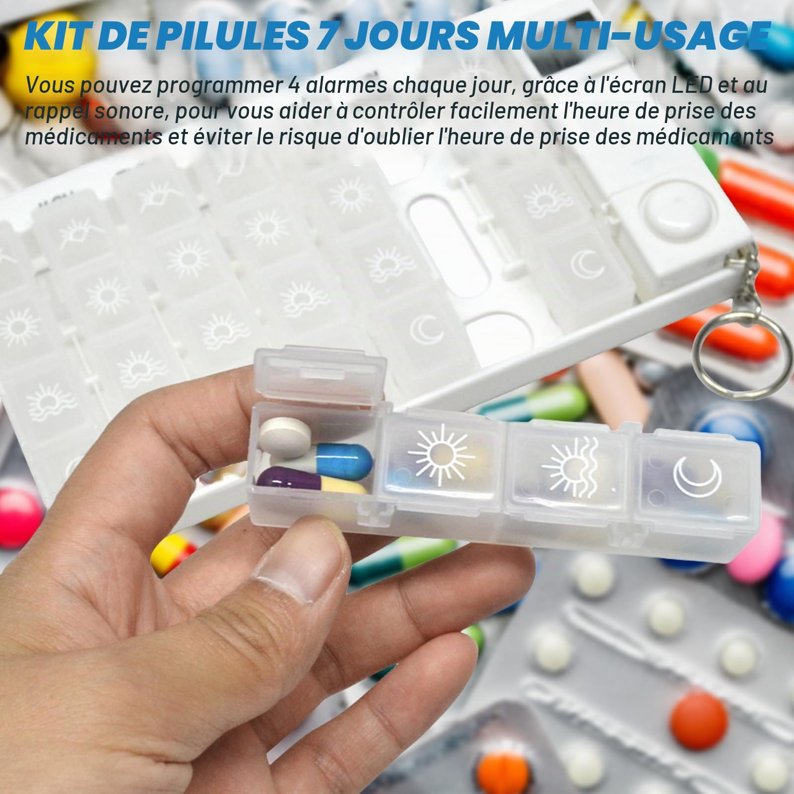 Sporgo Pilulier 7 jours avec alarme : pilulier 4 compartiments, boîte à médicaments 7 jours avec minuterie et rappel de réveil, distributeur de comprimés portable organisateur de médicaments