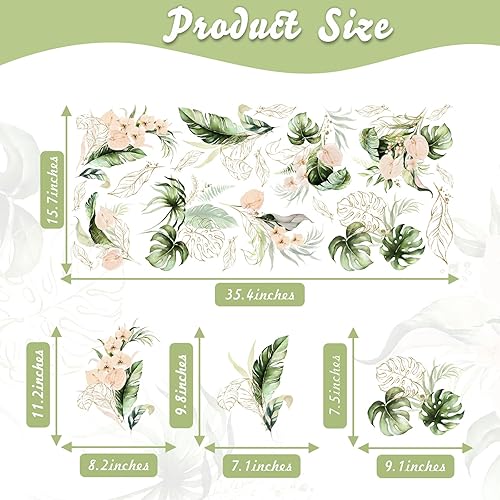 Miniatura 6 de Green Leaves Wall Decals Gold Line Leaves Wall Stickers Tropical Palm Leaf Wall Decals Peel and Stick Watercolor Botanical Plant Wall Art Murals