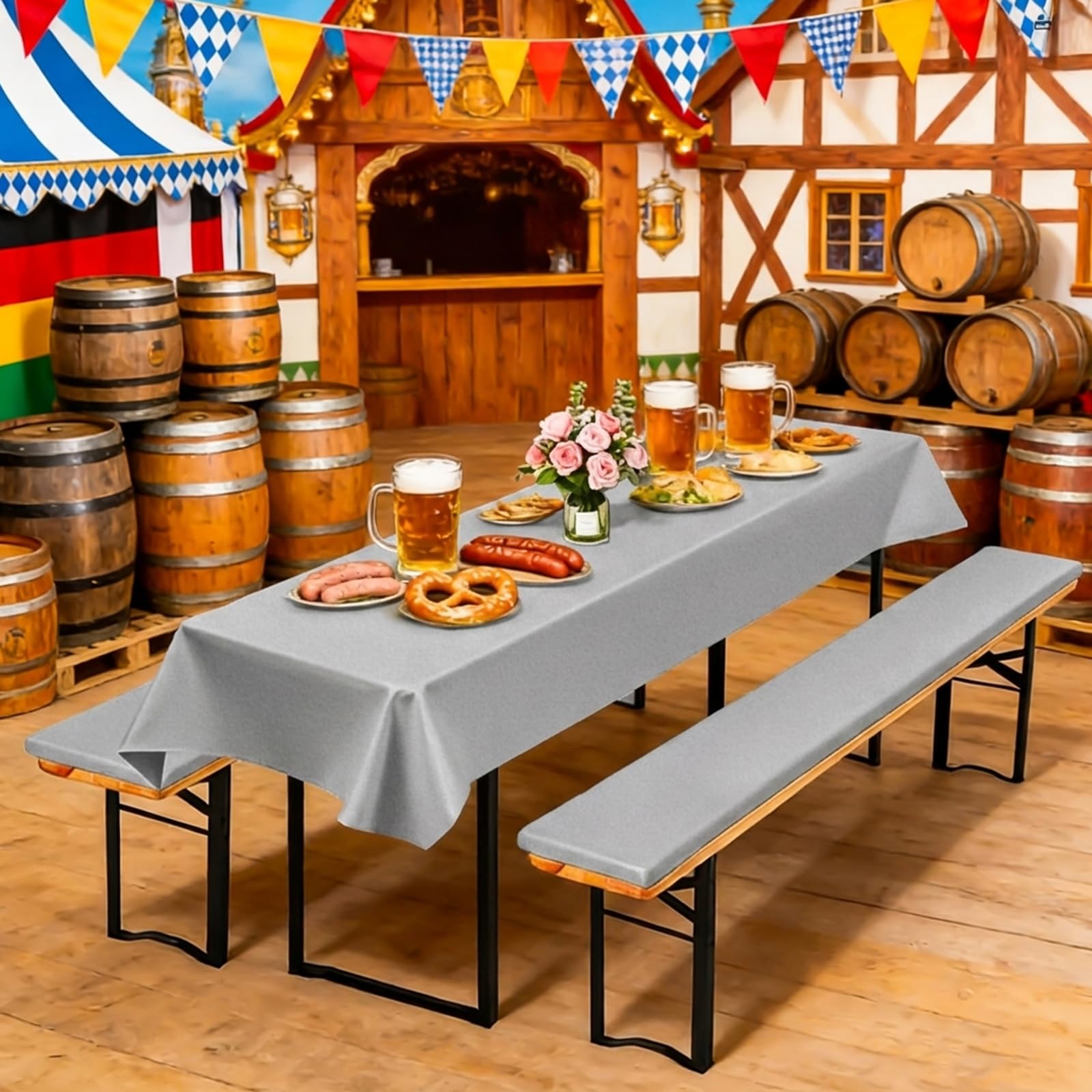 2er-Pack 220x25x3cm XL waschbar Bierbankauflage Gepolstert und 1 Packung 250x100cm Rechteck Polyester Bier Tischdecken für Party Outdoor & Indoor Gebrauch (Hellgrau,Wasserdicht)