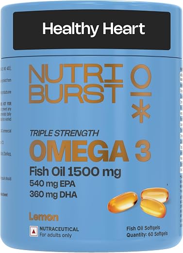 Nutriburst Triple Strength Omega-3 Fish Oil Capsules 1500mg | High Strength Softgels for Men and Women | 540mg EPA and 360...