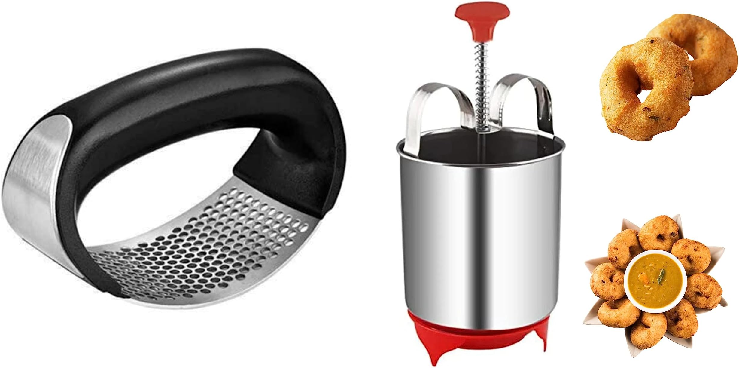 YOPRAMPerfectly Shaped and Crispy Mendu Vada Maker Machine Medu Vada and Donut Maker Stainless Steel for HomemadeStainless Steel Garlic Presser |Garlic Press Crusher andGinger Presser for Kitchen(Combo) Garlic Presser & Medu Vada