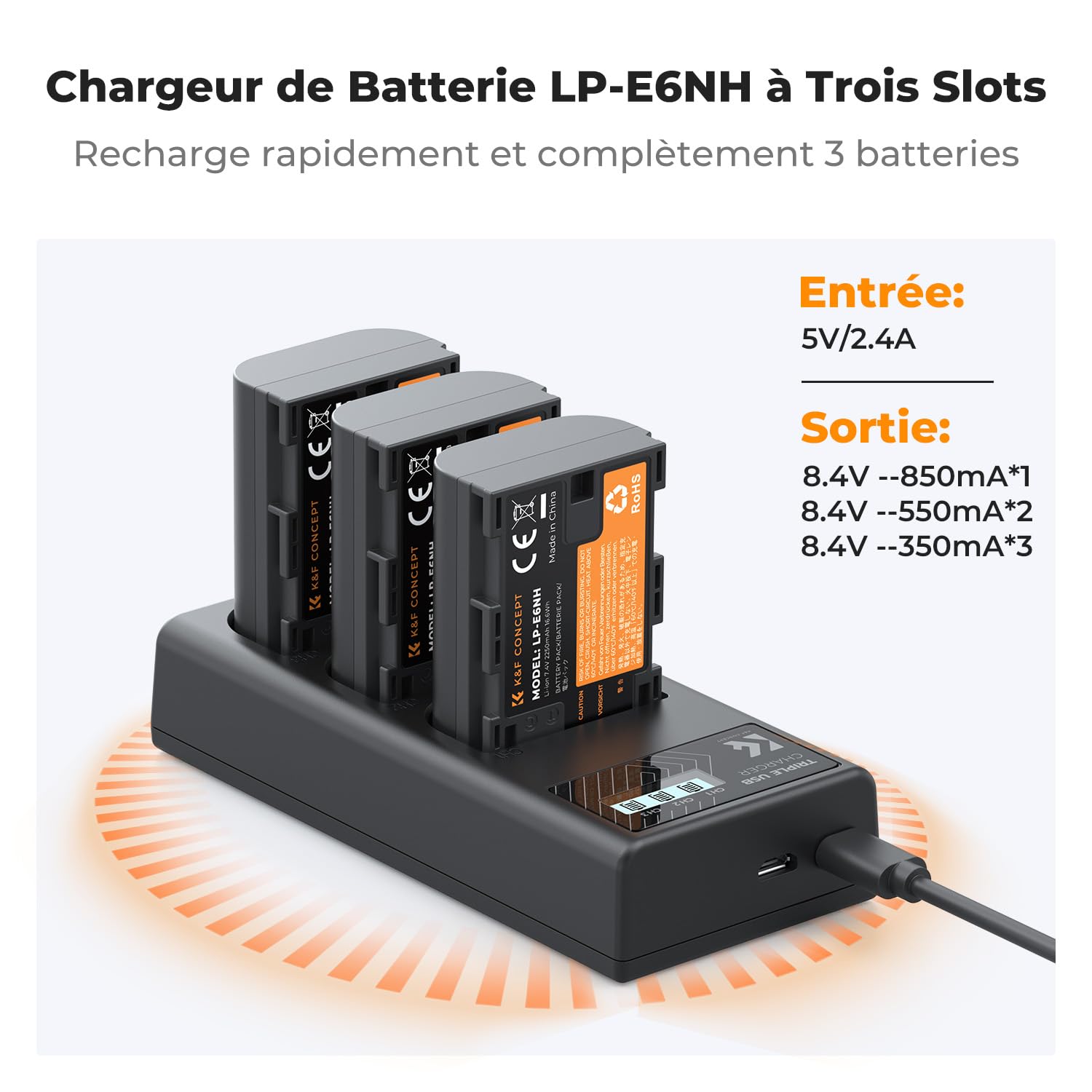 K&F CONCEPT LP-E6NH/LP-E6N/LP-E6 Chargeur 3 Slot R7 Batterie Chargeur avec Écran LCD pour Canon EOS R5 R6 R7 5D 6D 7D Mark II Caméras