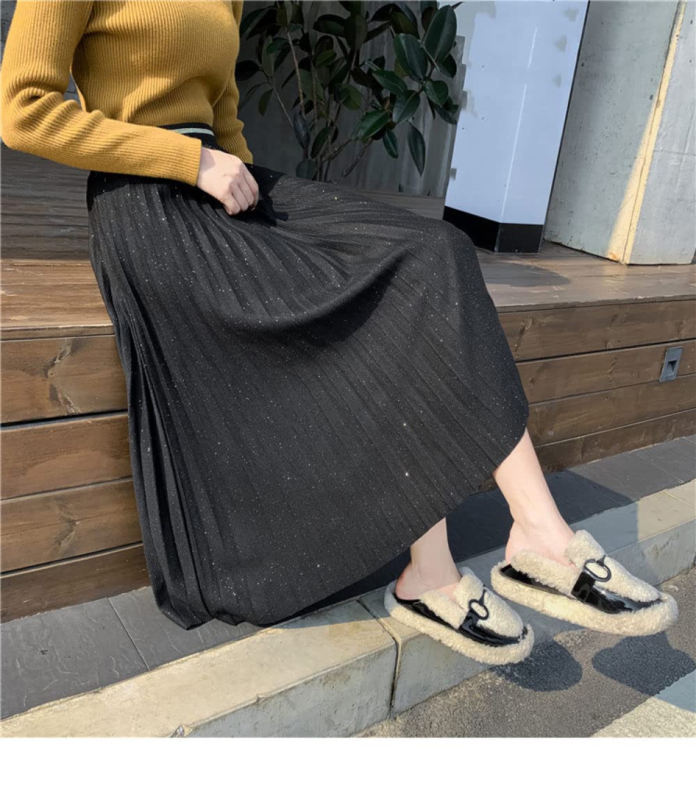 Faldas para Mujer Reino Unido,Falda De Invierno Negra Faldas Plisadas Elegantes para Mujer Cintura Elástica Midi Shinny Falda De Talle Alto De Una Línea Falda C(S)