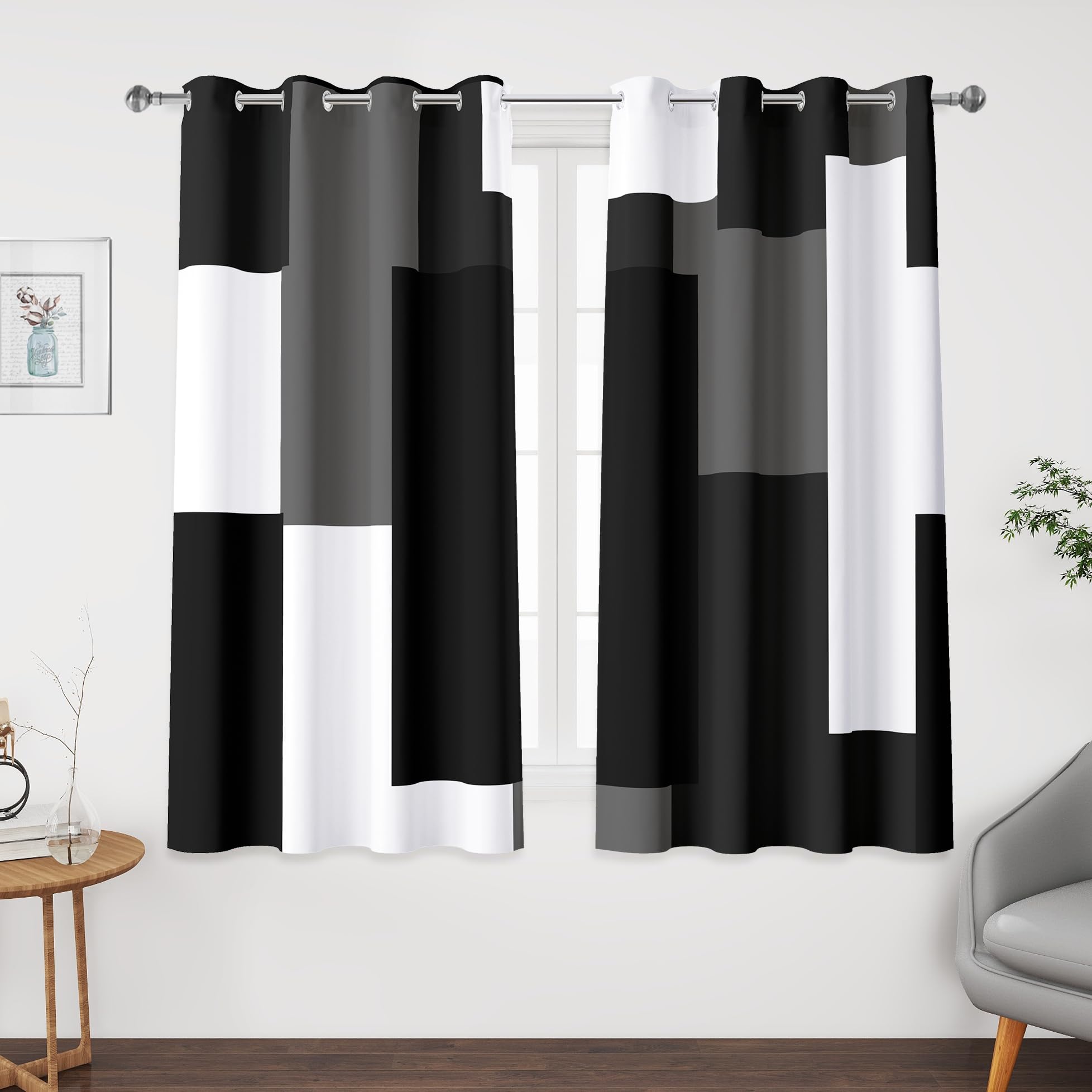 Tyrot Black Grey 100% Blackout Curtains 52 inch Length 2 Panels Set White Grey Modern Abstract Geometric Drapes for Kitchen Black Out Curtains Insulated Room Darkening Small Window Curtains, 52Wx45L — image 1