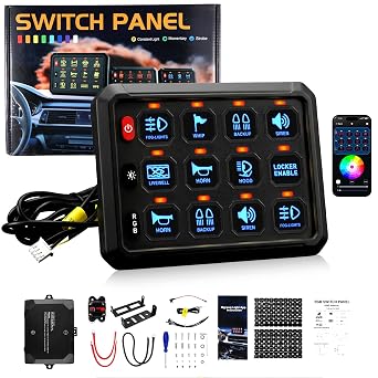 RGB 12 Gang Switch Panel with Bluetooth APP 230FT 433M Long Range for 12-24V Trucks Boats Offroad UTV, 4 Lighting Modes 6-Level Dimming Relay System