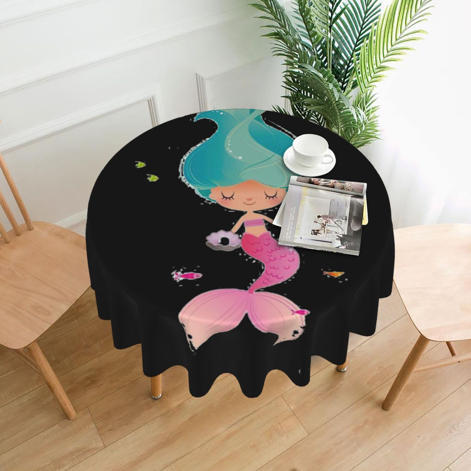 Uusnwaa Mermaid Print Round Tablecloth 60 Inch, Stain Wrinkle Resistant Washable Polyester Table Cover For Kitchen Party