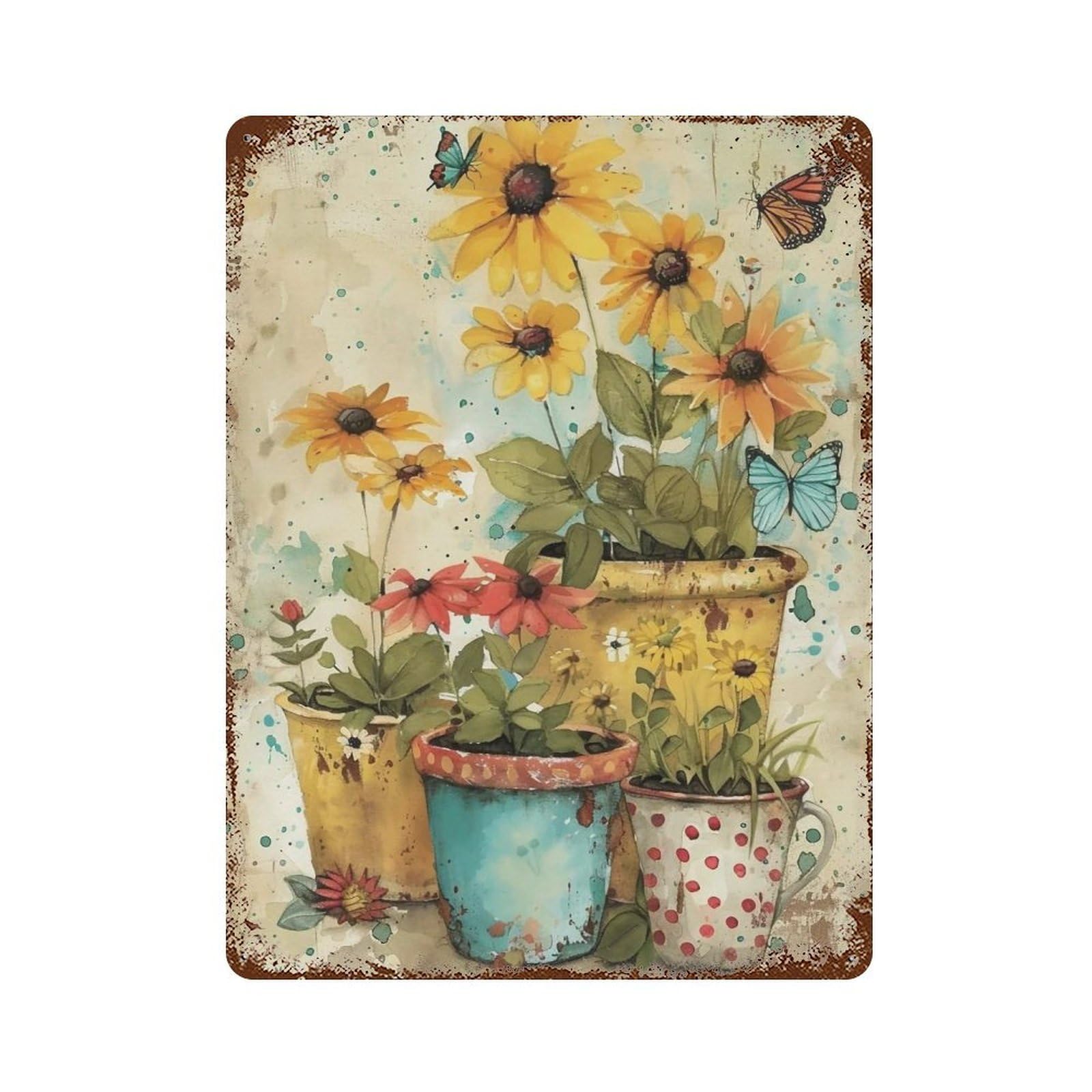 YHGERTKU Watercolor Three Potted Flowers Colorful Butterfly 03 Wall Art Retro Iron Vintage Metal Tin Sign Poster Modern Decor for Living Rooms Gift 40x30cm