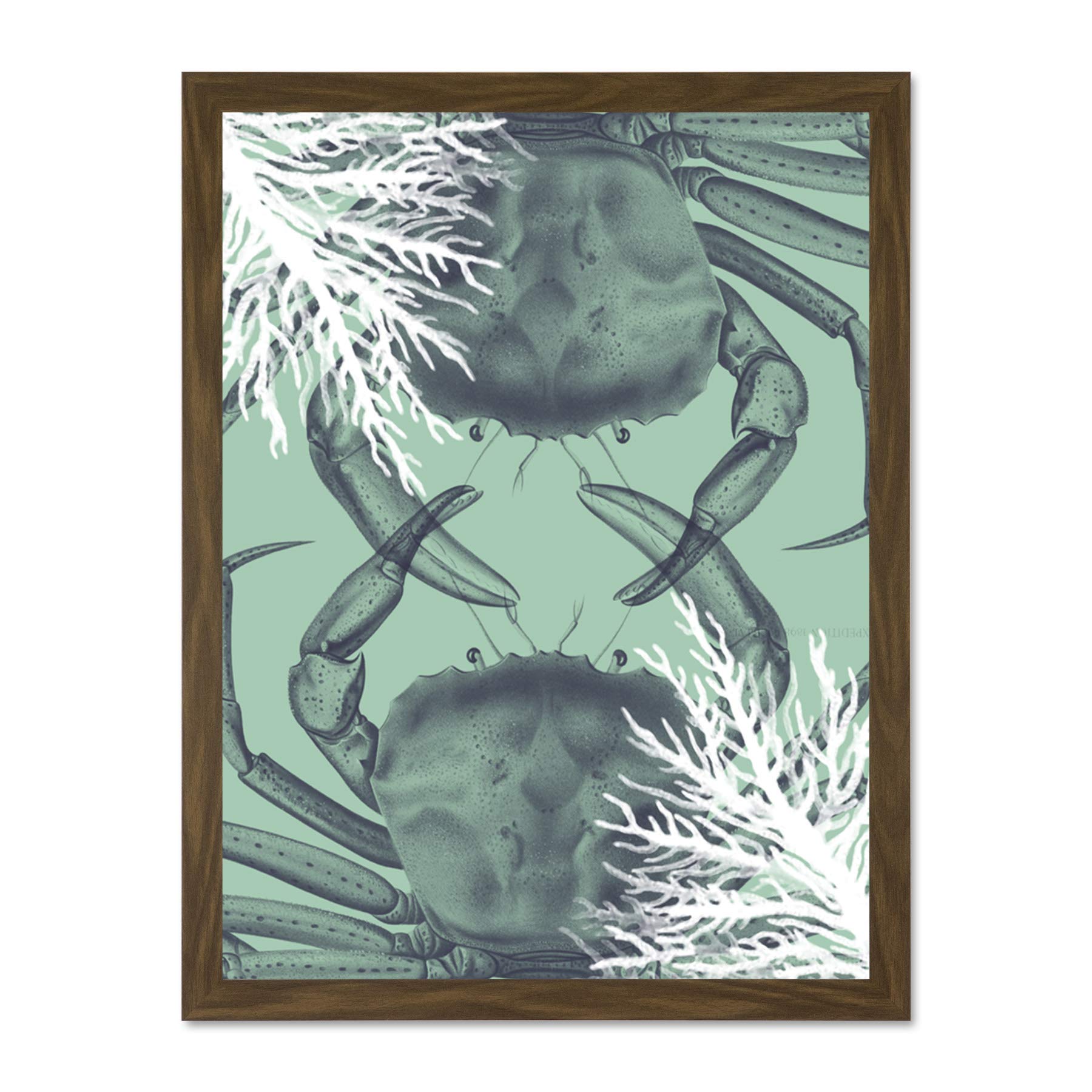 Wee Blue Coo Crab And Coral Collage Large Brown Framed Art Print Wall Poster 18x24 inch