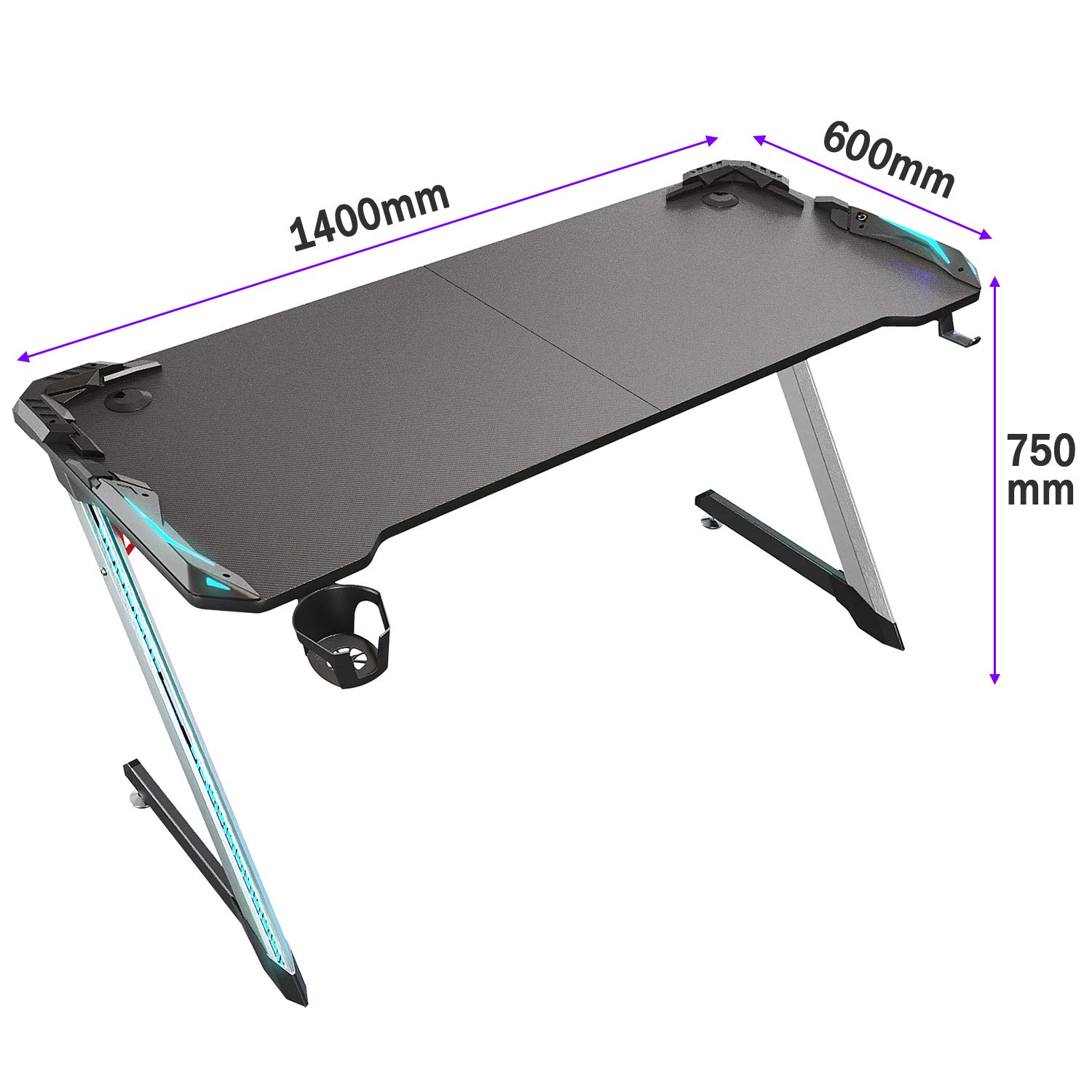 SONNI Gaming Tisch 140cm, Gaming Schreibtisch mit LED, Gaming Desk, Z-förmiger Stabiler Bein, mit Getränkehalter und Kopfhörerhalter, 140x60x75cm Schwarz