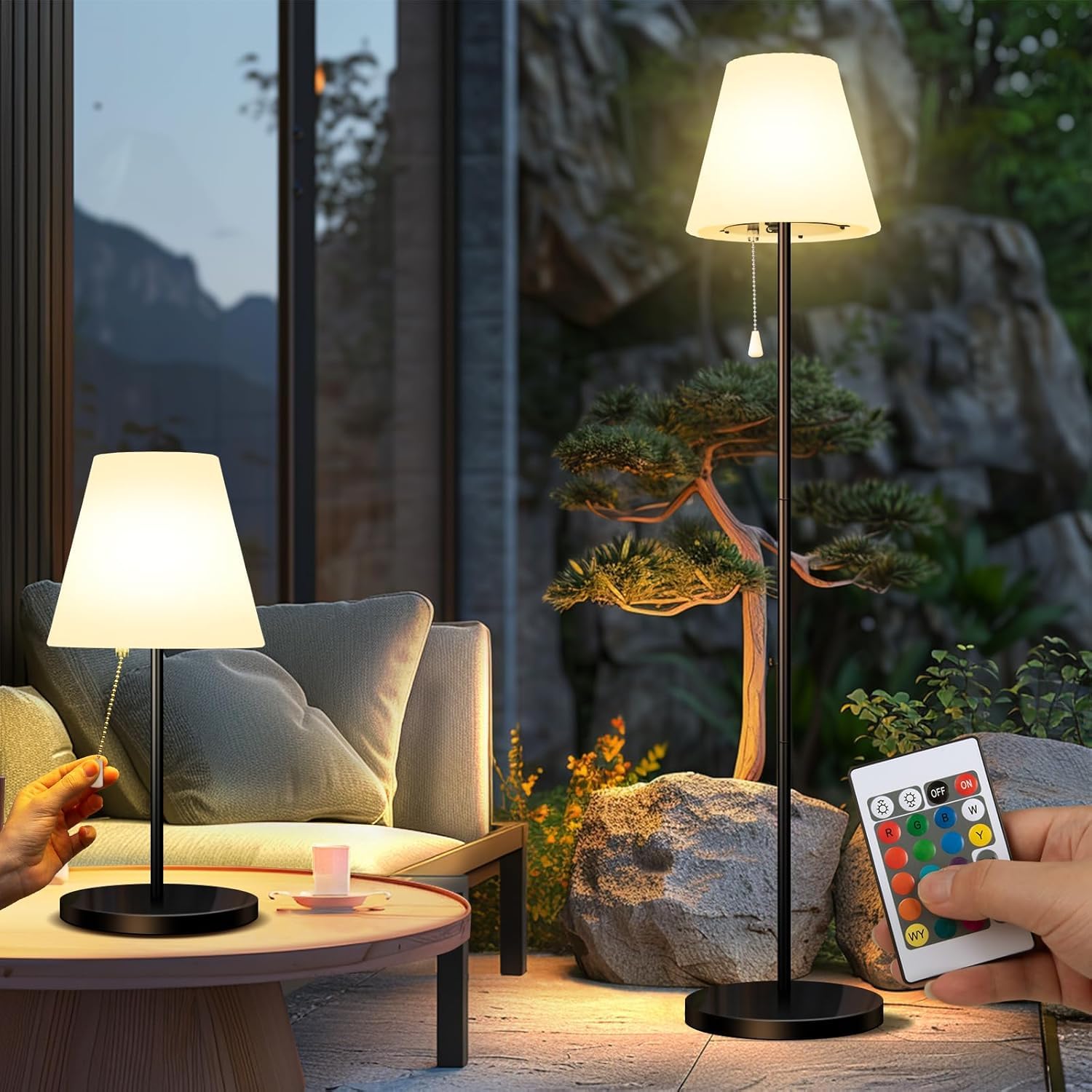 Lámpara de pie solar para exterior con sensor de luz, IP65 resistente al agua, USB recargable, brillo regulable en blanco cálido y RGB, lámpara de pie inalámbrica apto para uso en interiores