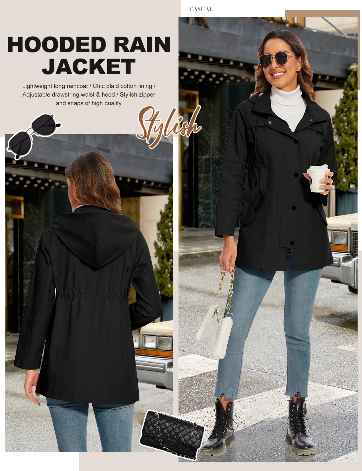 UMIPUBO Imperméables Vestes pour Femme Longue Manteau à Capuche Imperméable Coupe-Vent Zip Poncho d'Extérieur Coupe Vent Veste de Pluie Printemps Automne