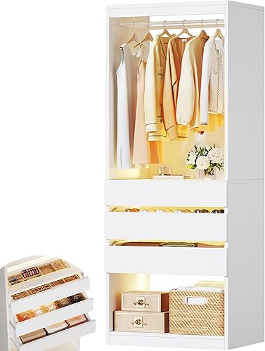 HUAHUU Sistema de armario independiente de 2 pies con 3 cajones de madera y sistema organizador de armario de 24 pulgadas con barra para colgar y