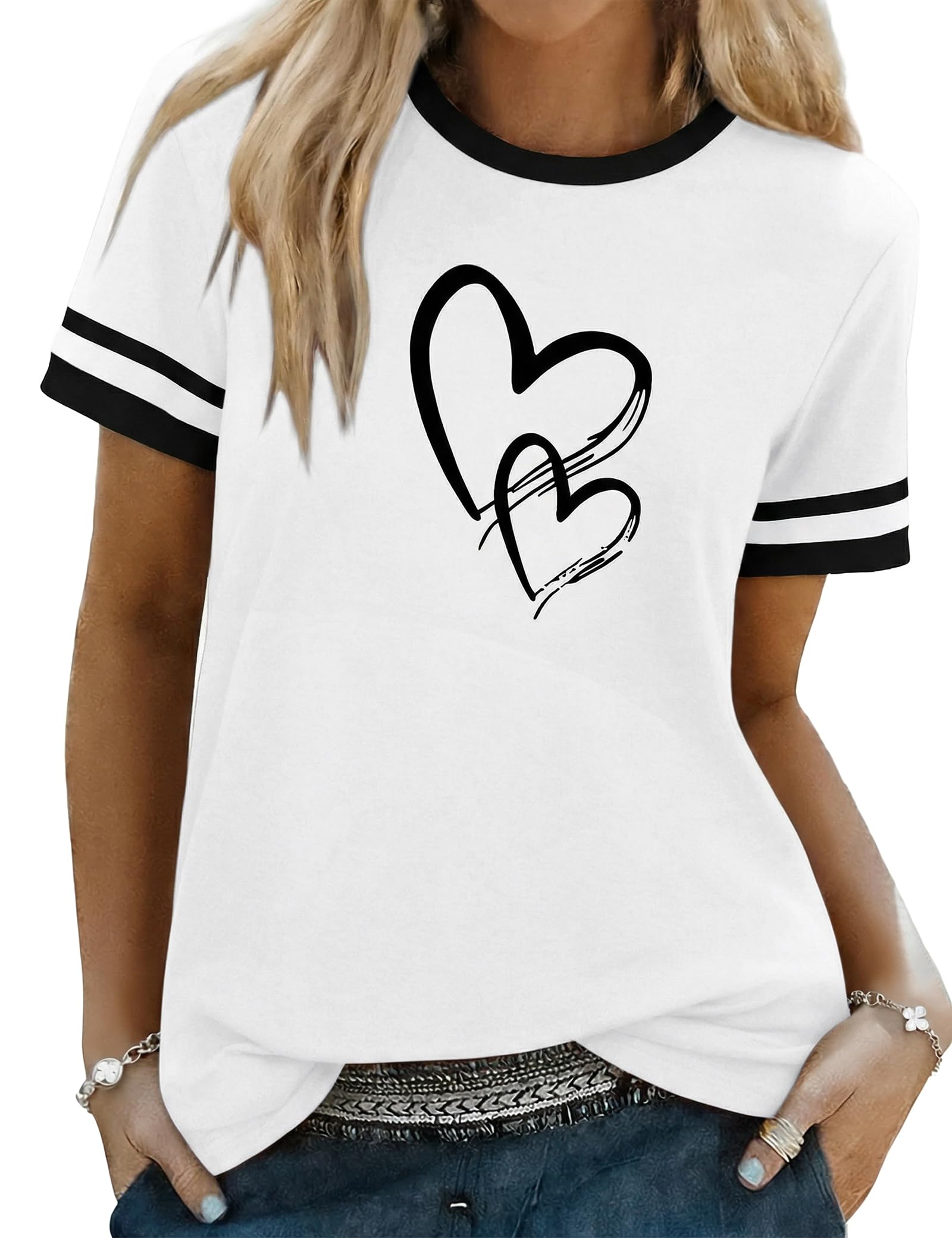 Aottori T-Shirt Damen Baumwolle Rundhals Kurzarm Oberteil Sommer Basic mit Herzen Print Tee Shirts Frauen Stretch Oversize Top Casual