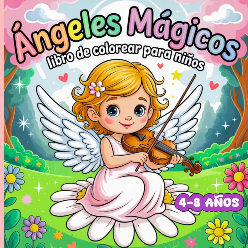 Ángeles Mágicos Libro para Colorear para Niños: 50 páginas para colorear divertidas y fáciles con ángeles adorables, niños, estrellas y arcoíris para niños de 4 a 8 años