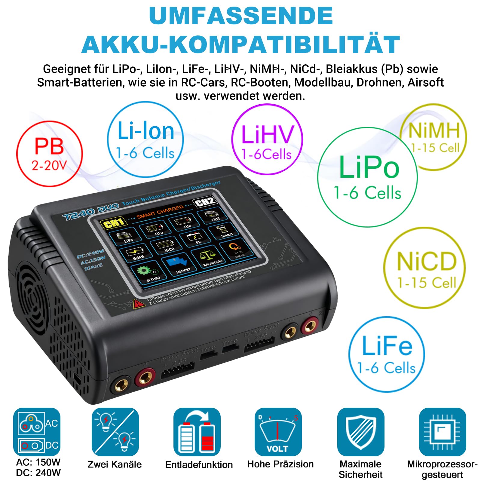 HTRC Duo RC Balance Ladegerät/Entlader für Lilon LiPo Life LiHV NiCd NiMH PB Smart Batterie Dual-Multi-Ladegerät AC 150W / DC 240W 10A