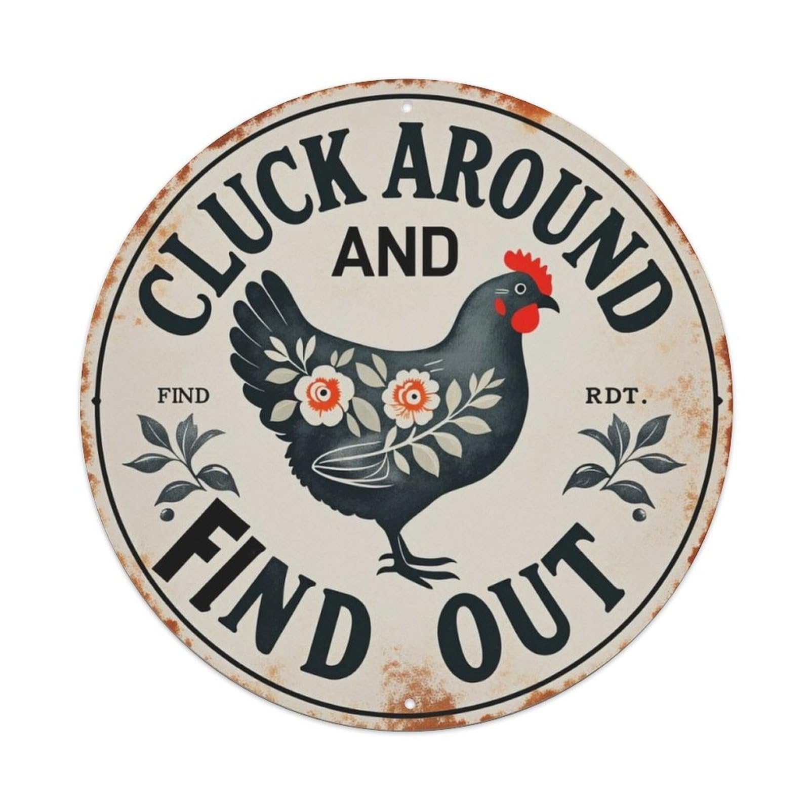 Vintage Farm Hen Decor Round Rustic Metal Tin Sign Vintage Aluminium Metal Sign, Retro Wall Decor for Home, Bar, Garage & Farmhouse 20x20cm