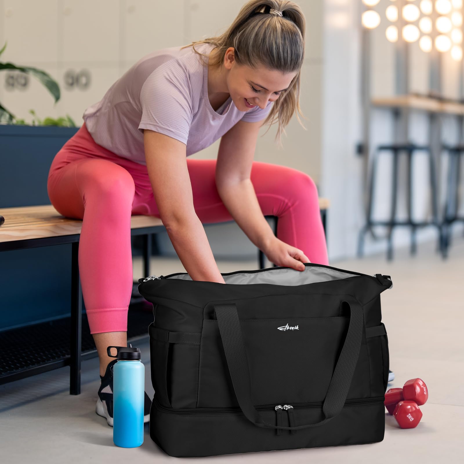 Gym Bag for Women, 45L Carry On Travel Duffel Bag with Shoes Compartment view 2
