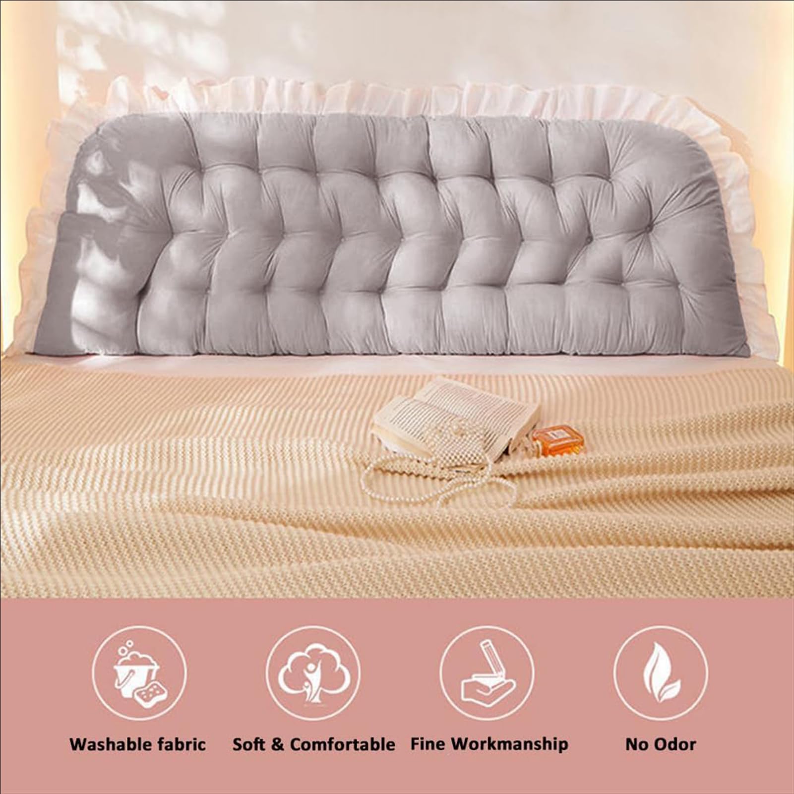 Almohada cilíndrica de lectura larga con lazos, 50 x 180 cm, funda extraíble, cojín de apoyo para cama y sofá, almohada de posicionamiento ergonómica, ideal para comodidad y relajación