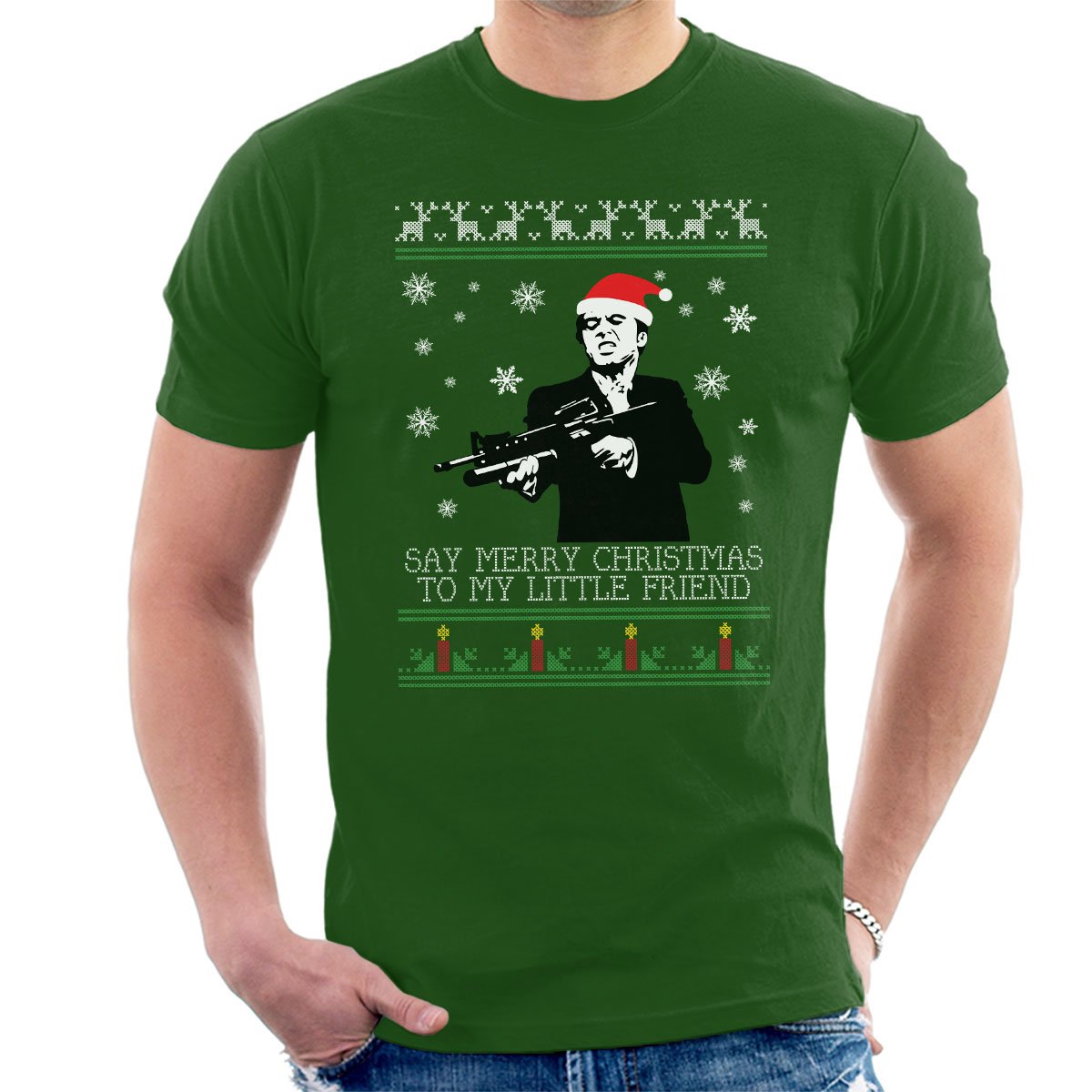 Cloud City 7 Men's Bottle Green Merry Christmas Little Friend Scarface Christmas Knit T-Shirt