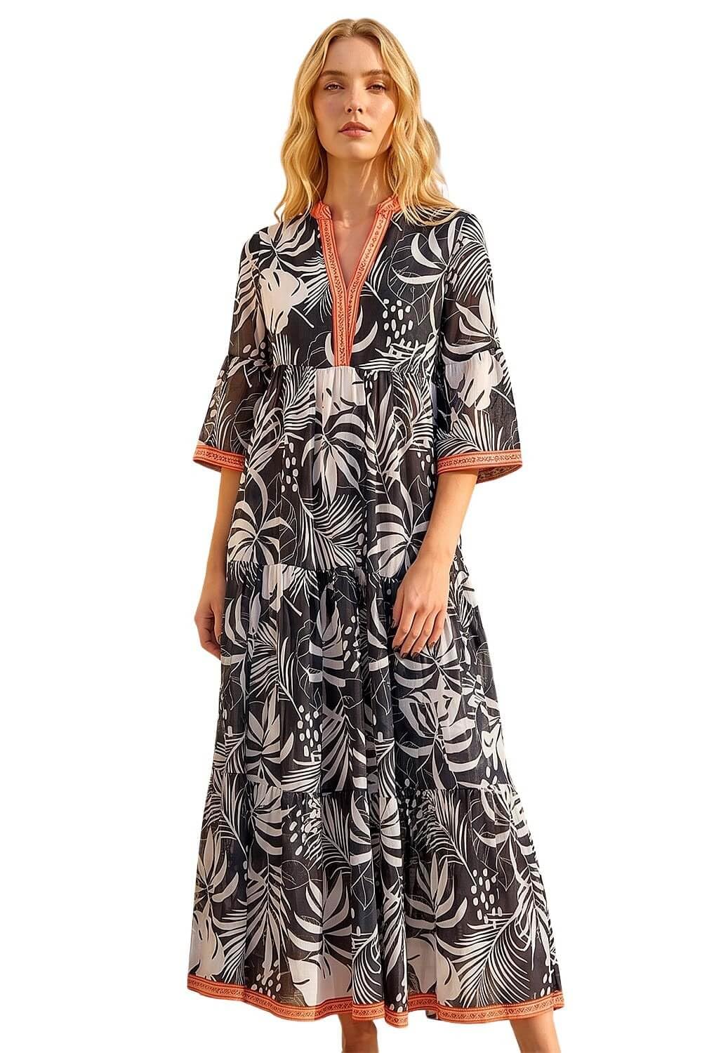 Roman Women's Black Leaf Border Print Maxi Dress In | Size: 18