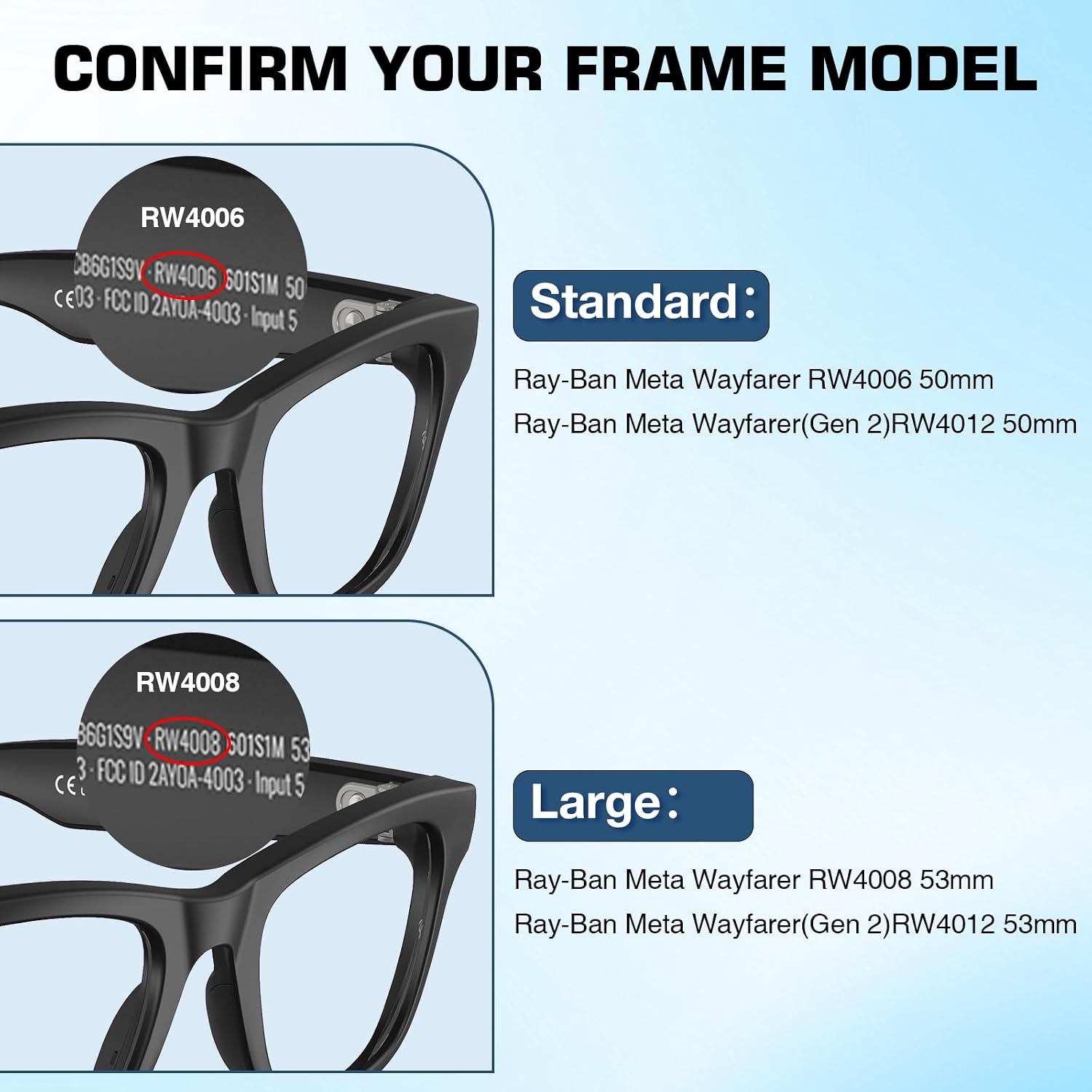 Polarized Replacement Lenses for Ray-Ban Meta Glasses Gen 2/1 /Wayfarer RW4006 50mm & RW4008/RW4012 53mm