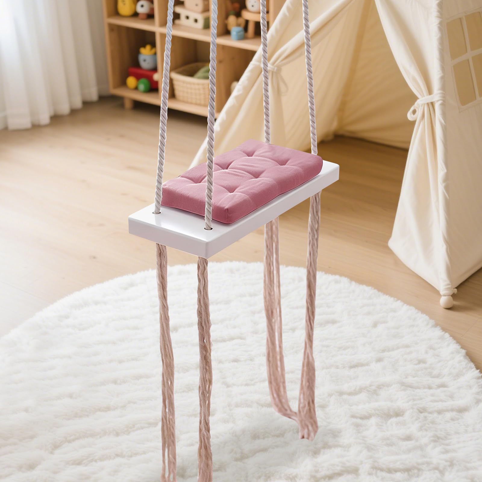 Columpio colgante de madera maciza rosa con acolchado para niños