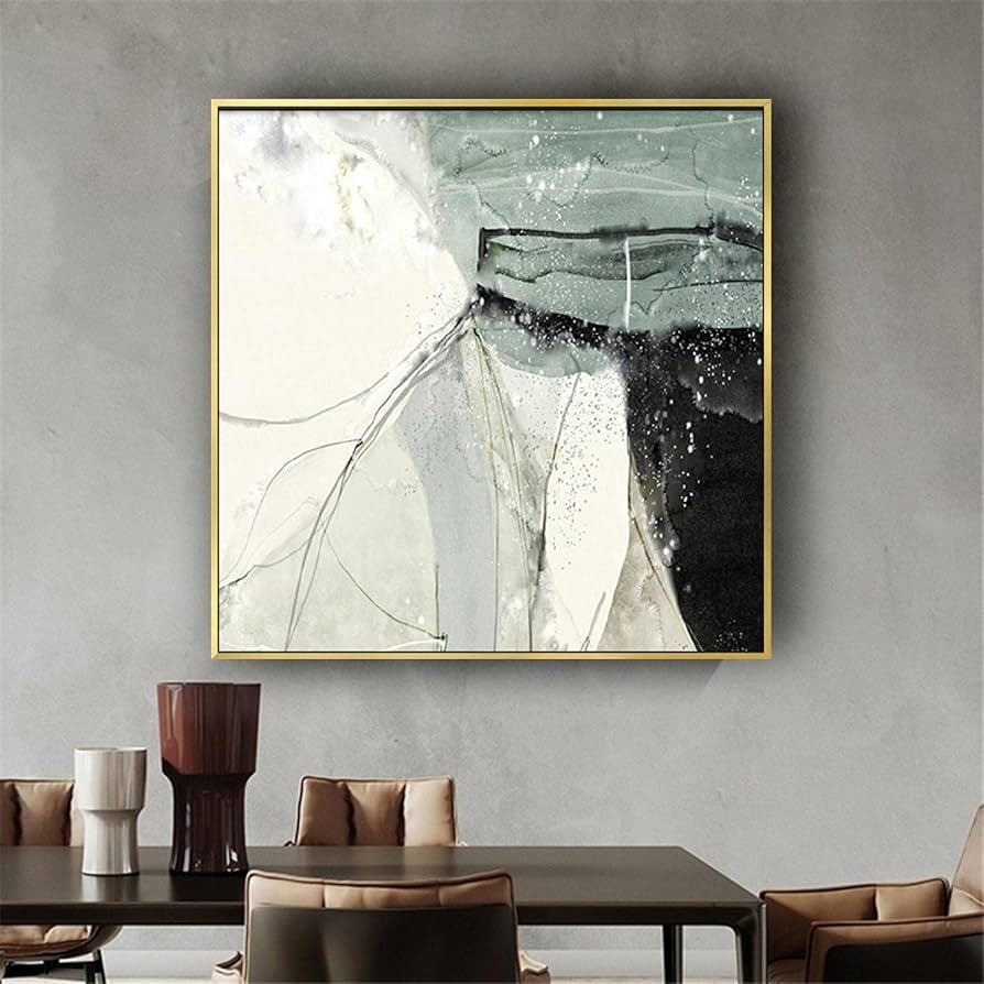 油絵 モダンウォールアート 抽象的 ゴールドとグリーントーン キャンバス ゴールドフレーム付き リビングルームの装飾用 壁画  45x45cm/18x18インチ ゴールデンフレーム付き